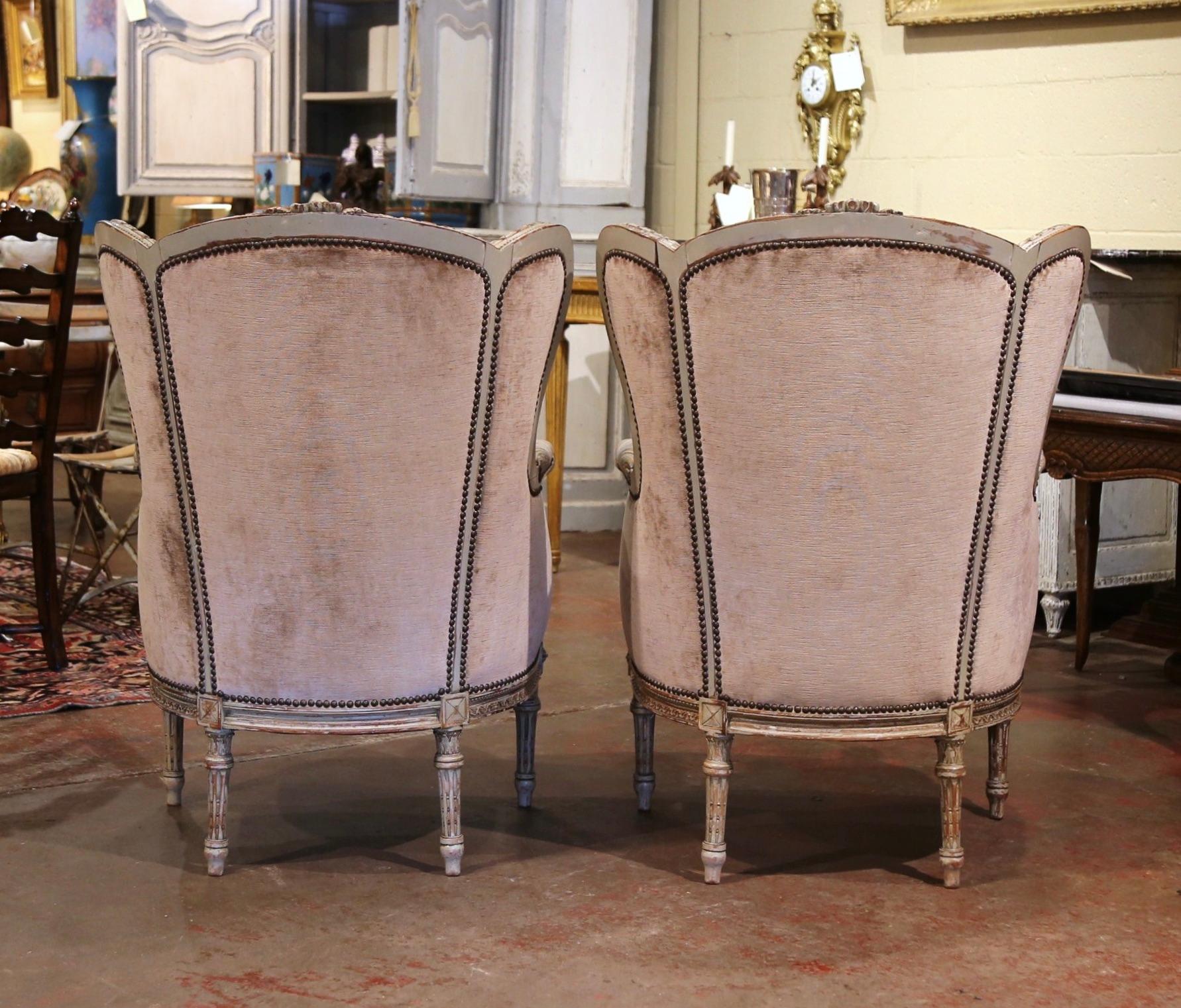 Pair of 19th Century Louis XVI Carved and Painted Ear Shape Fauteuils For Sale 11