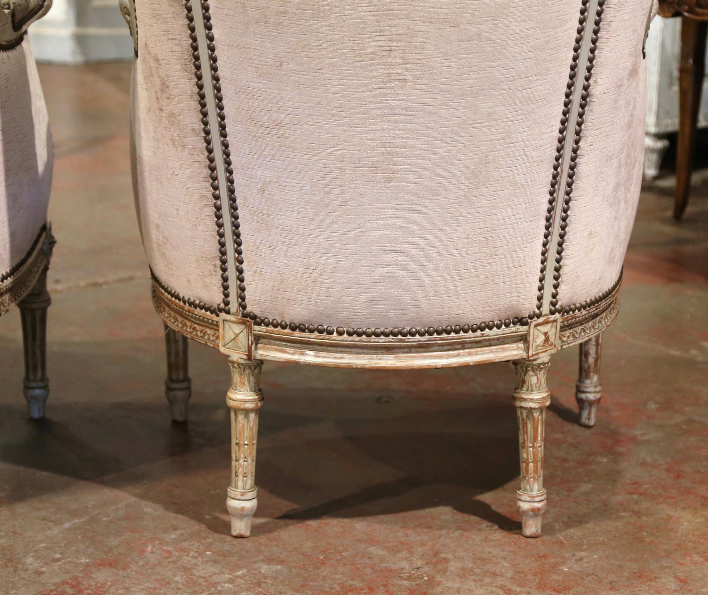Pair of 19th Century Louis XVI Carved and Painted Ear Shape Fauteuils For Sale 13