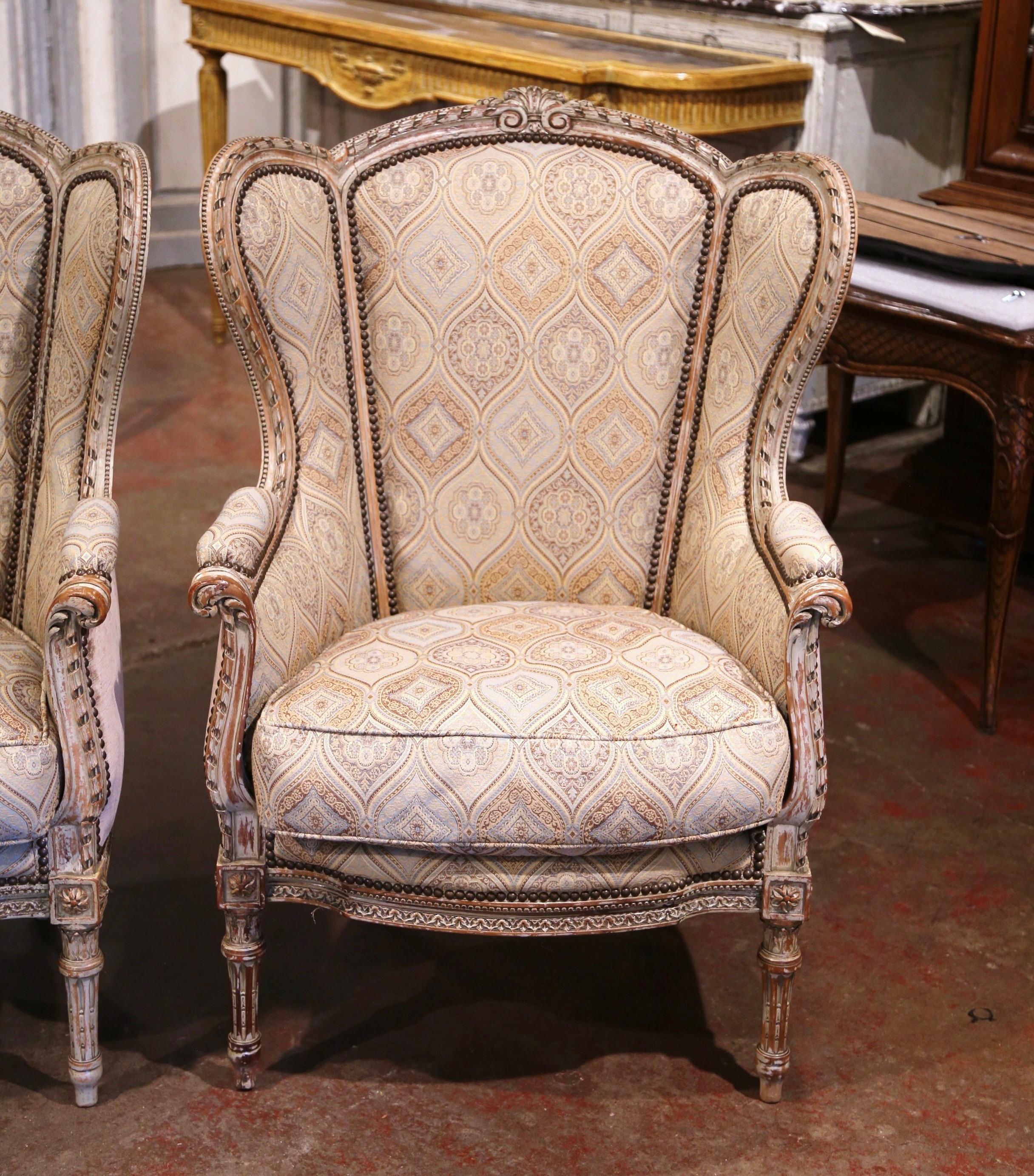French Pair of 19th Century Louis XVI Carved and Painted Ear Shape Fauteuils For Sale