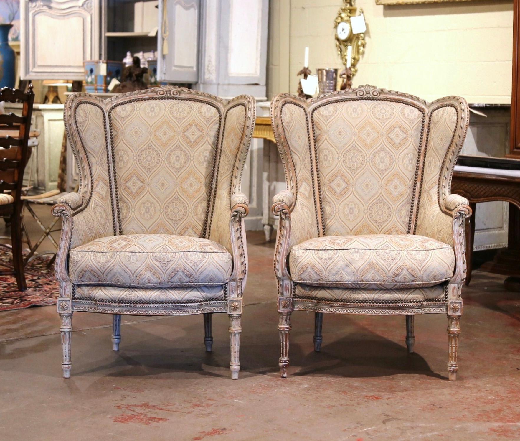 Hand-Carved Pair of 19th Century Louis XVI Carved and Painted Ear Shape Fauteuils For Sale