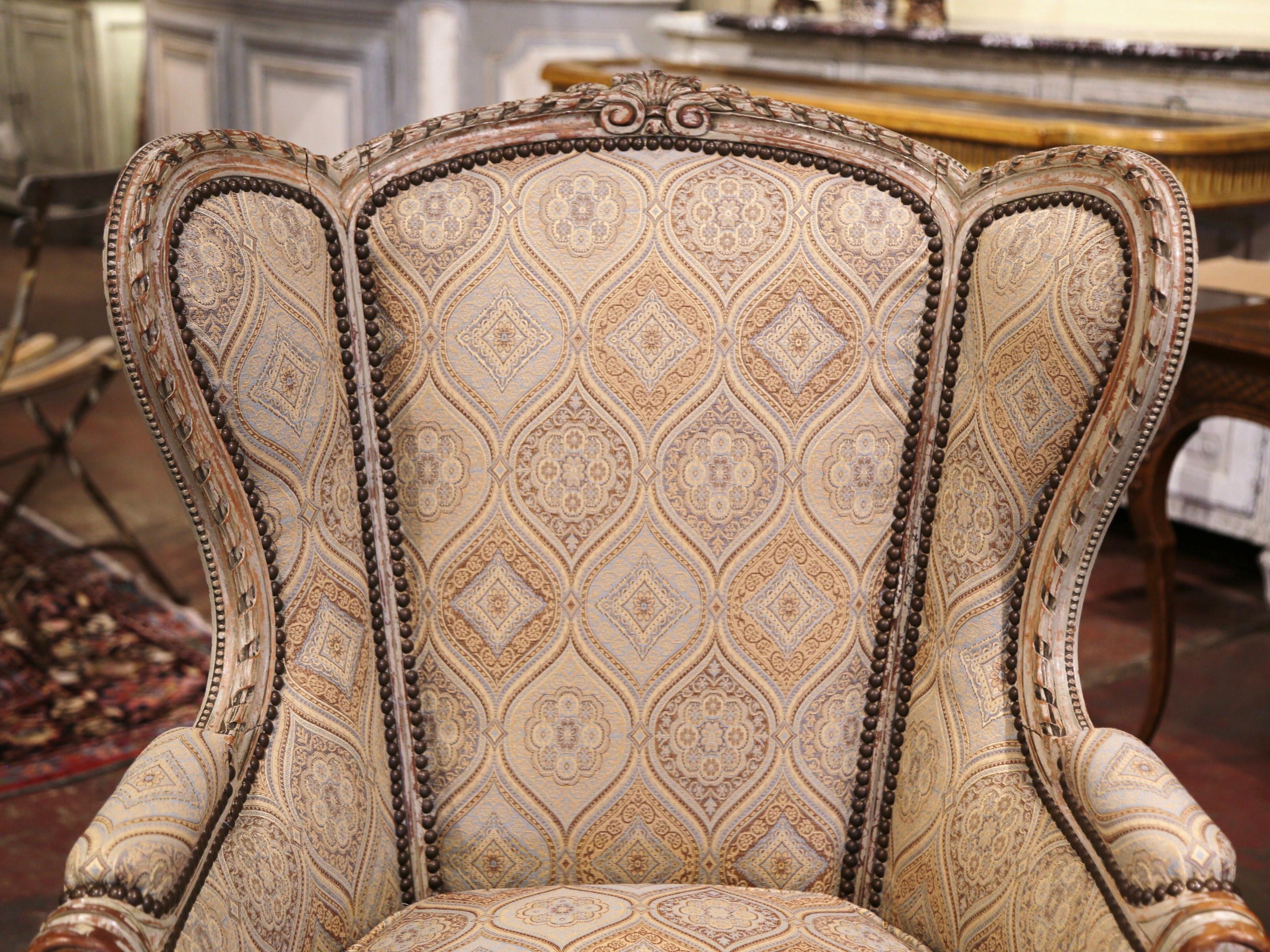 Fabric Pair of 19th Century Louis XVI Carved and Painted Ear Shape Fauteuils For Sale