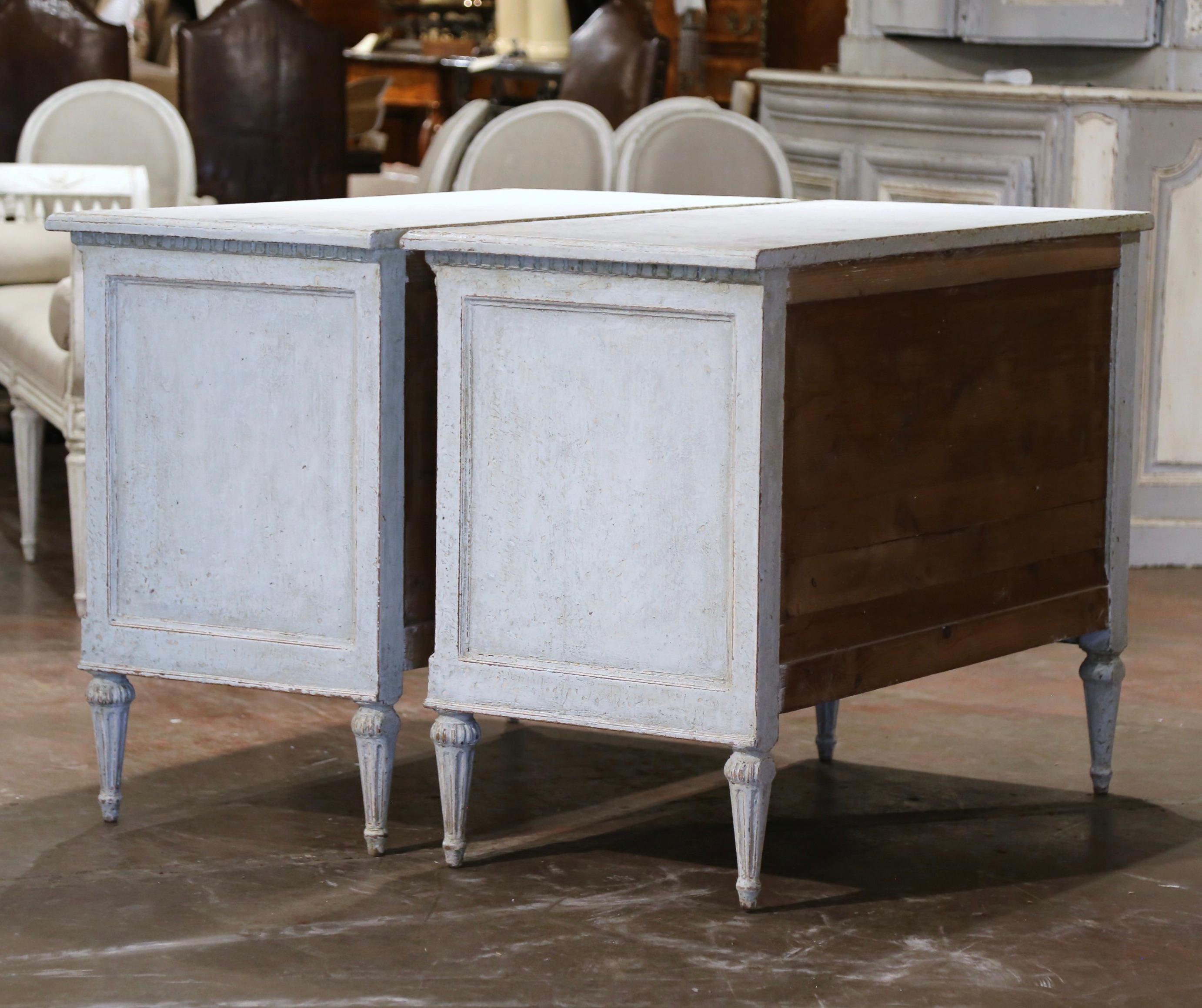 Pair of 19th Century Louis XVI Carved and Painted Three-Drawer Chests Commodes  For Sale 4