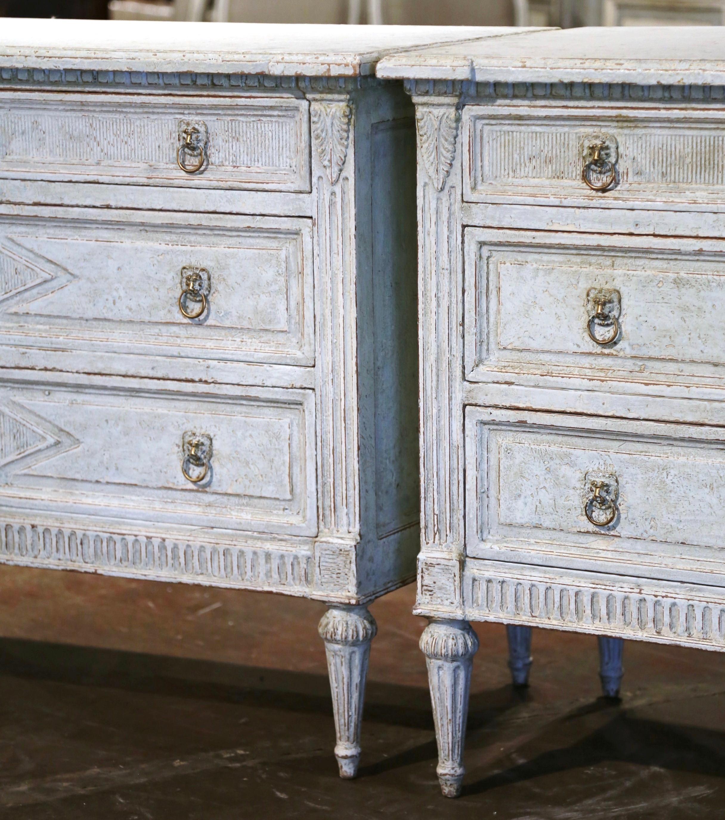 French Pair of 19th Century Louis XVI Carved and Painted Three-Drawer Chests Commodes  For Sale