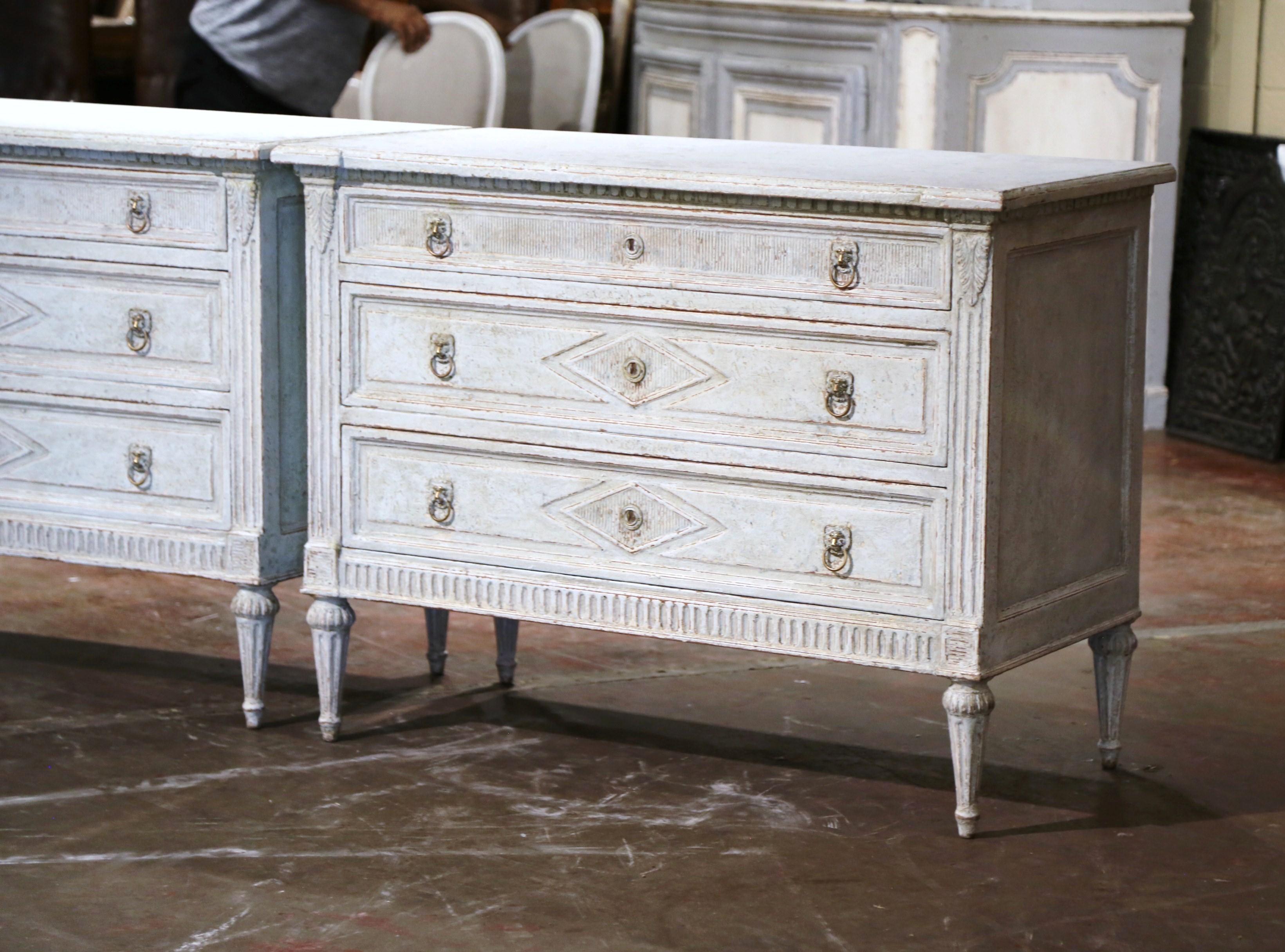 Hand-Carved Pair of 19th Century Louis XVI Carved and Painted Three-Drawer Chests Commodes  For Sale