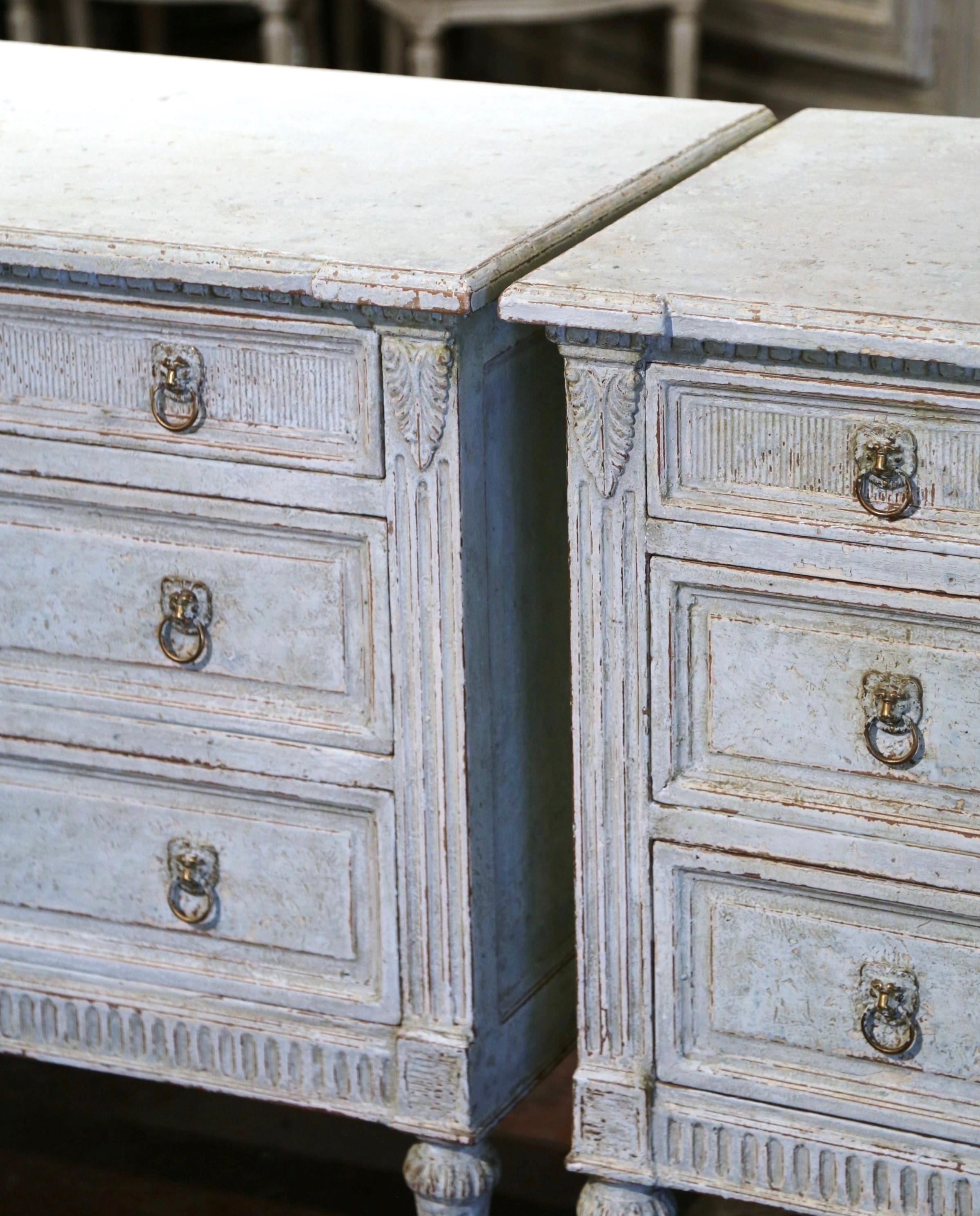 Pair of 19th Century Louis XVI Carved and Painted Three-Drawer Chests Commodes  For Sale 1