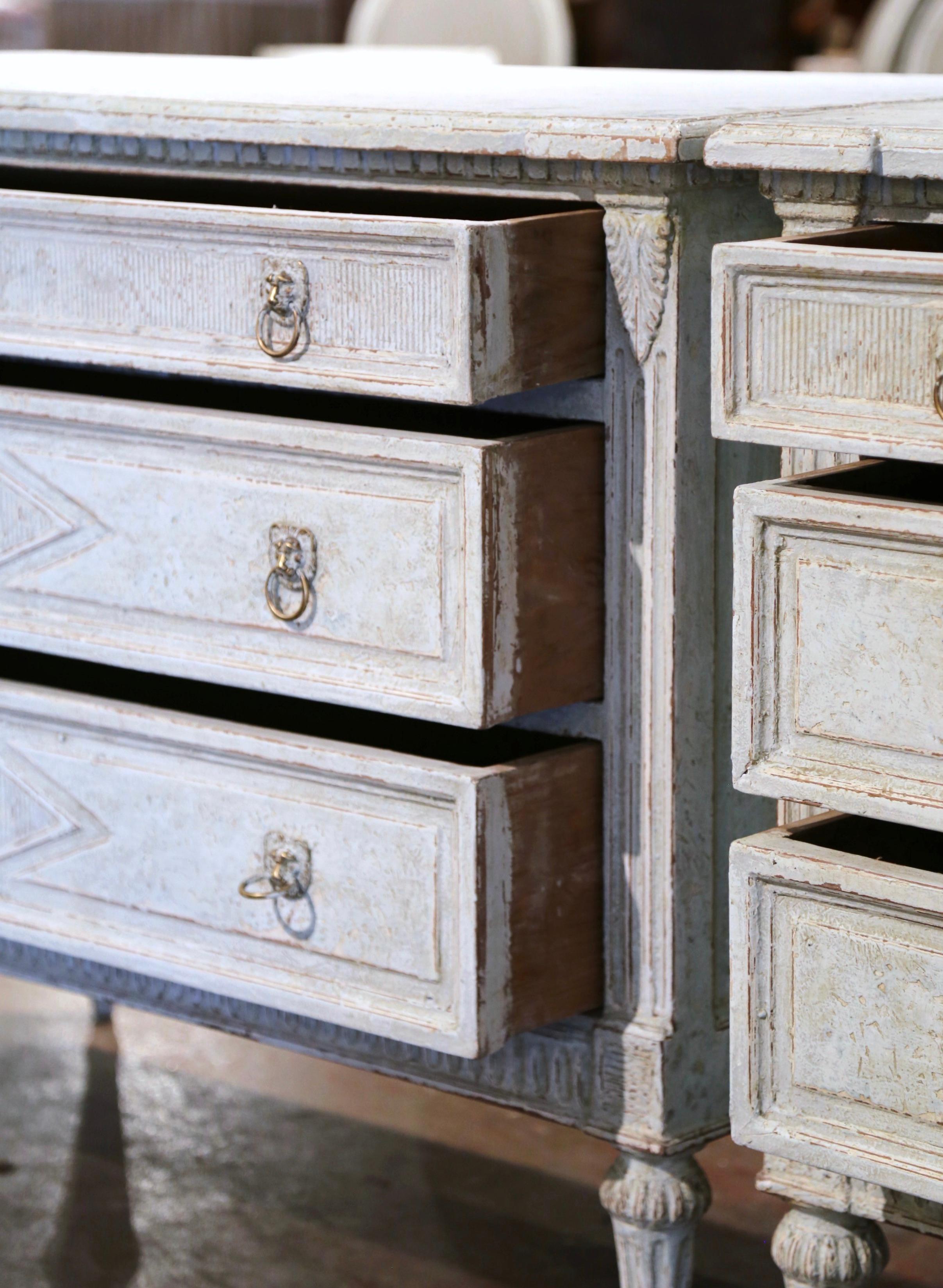 Pair of 19th Century Louis XVI Carved and Painted Three-Drawer Chests Commodes  For Sale 3