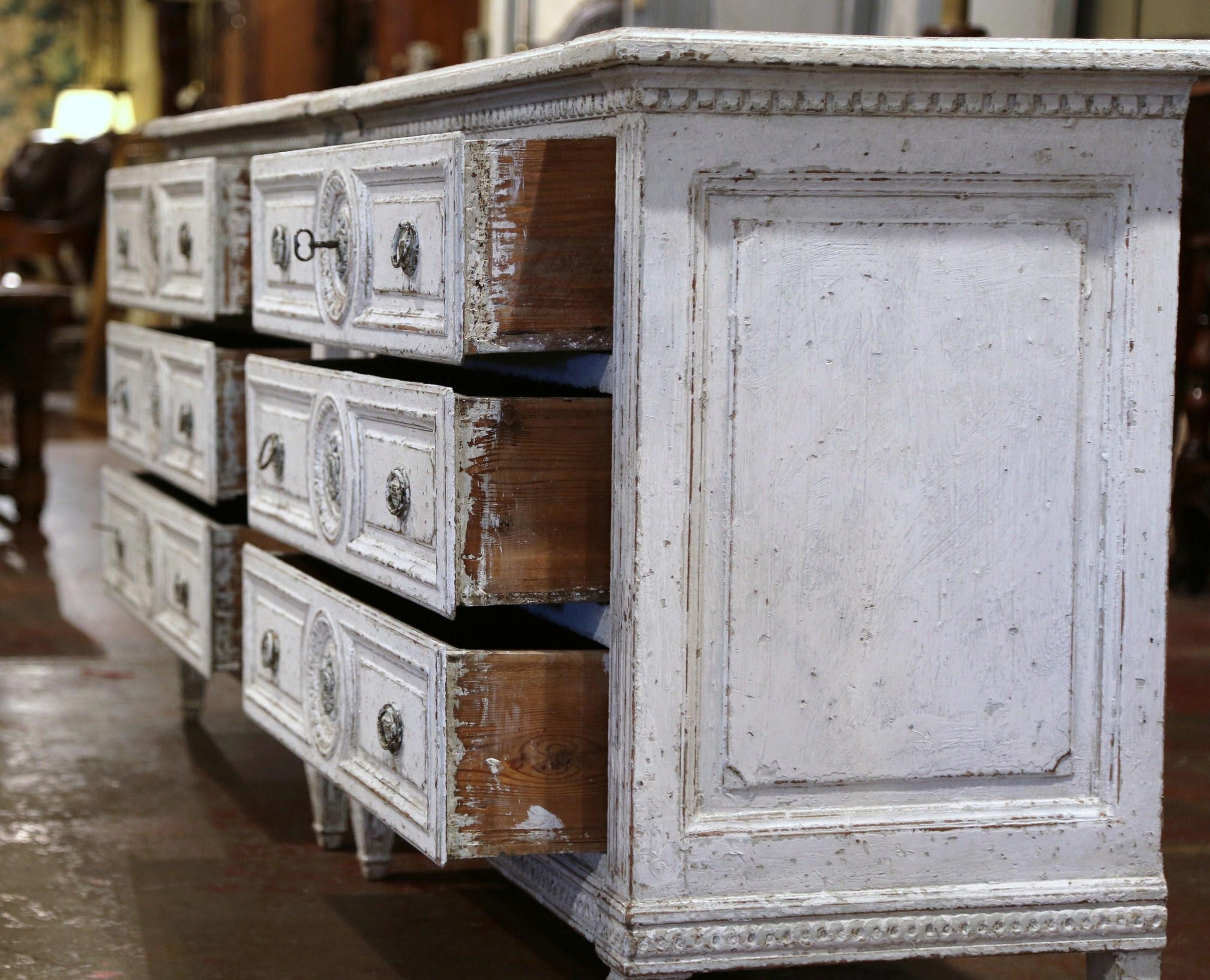 Pair of 19th Century Louis XVI Carved and Painted Three-Drawer Commodes Chests 4