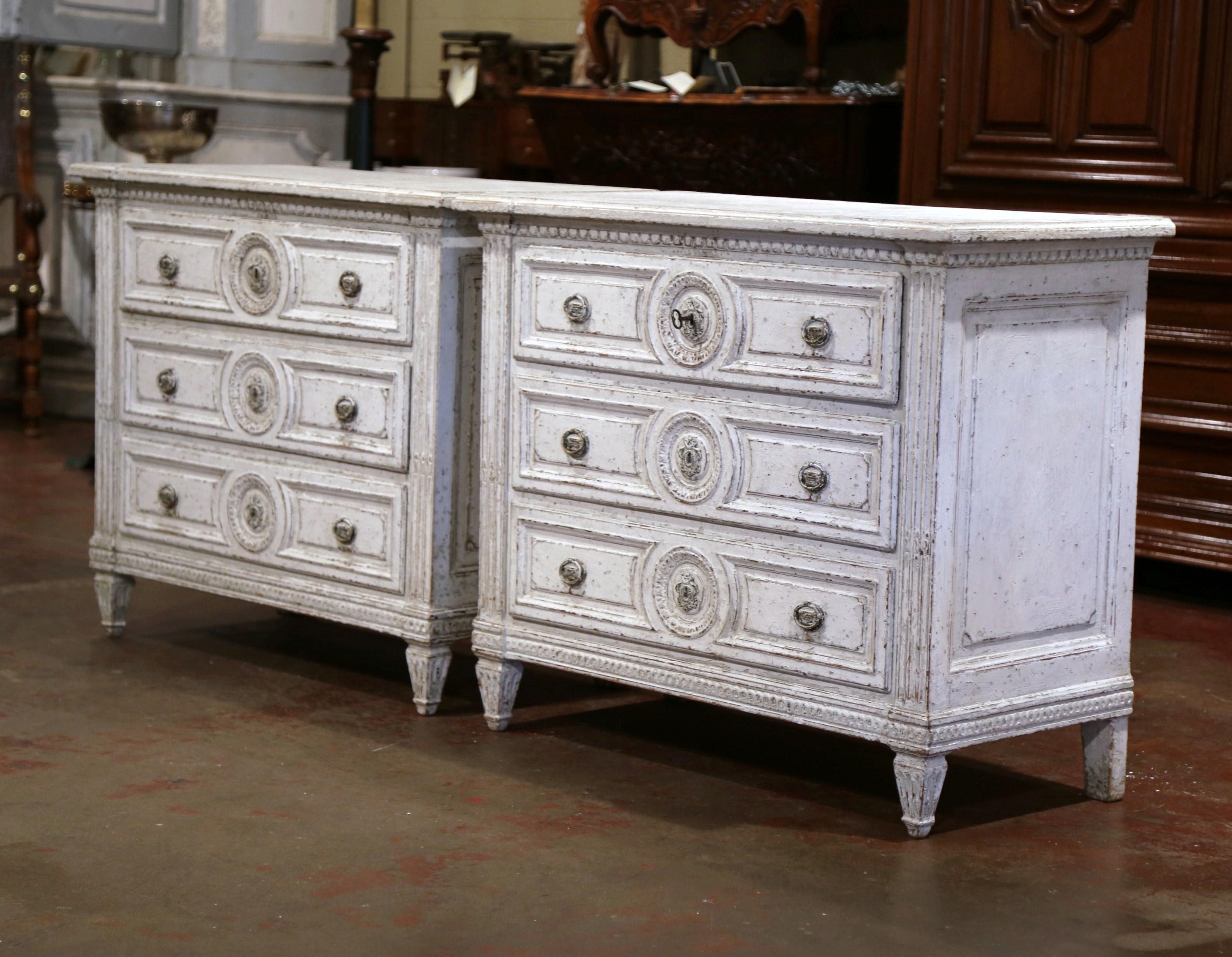 French Pair of 19th Century Louis XVI Carved and Painted Three-Drawer Commodes Chests