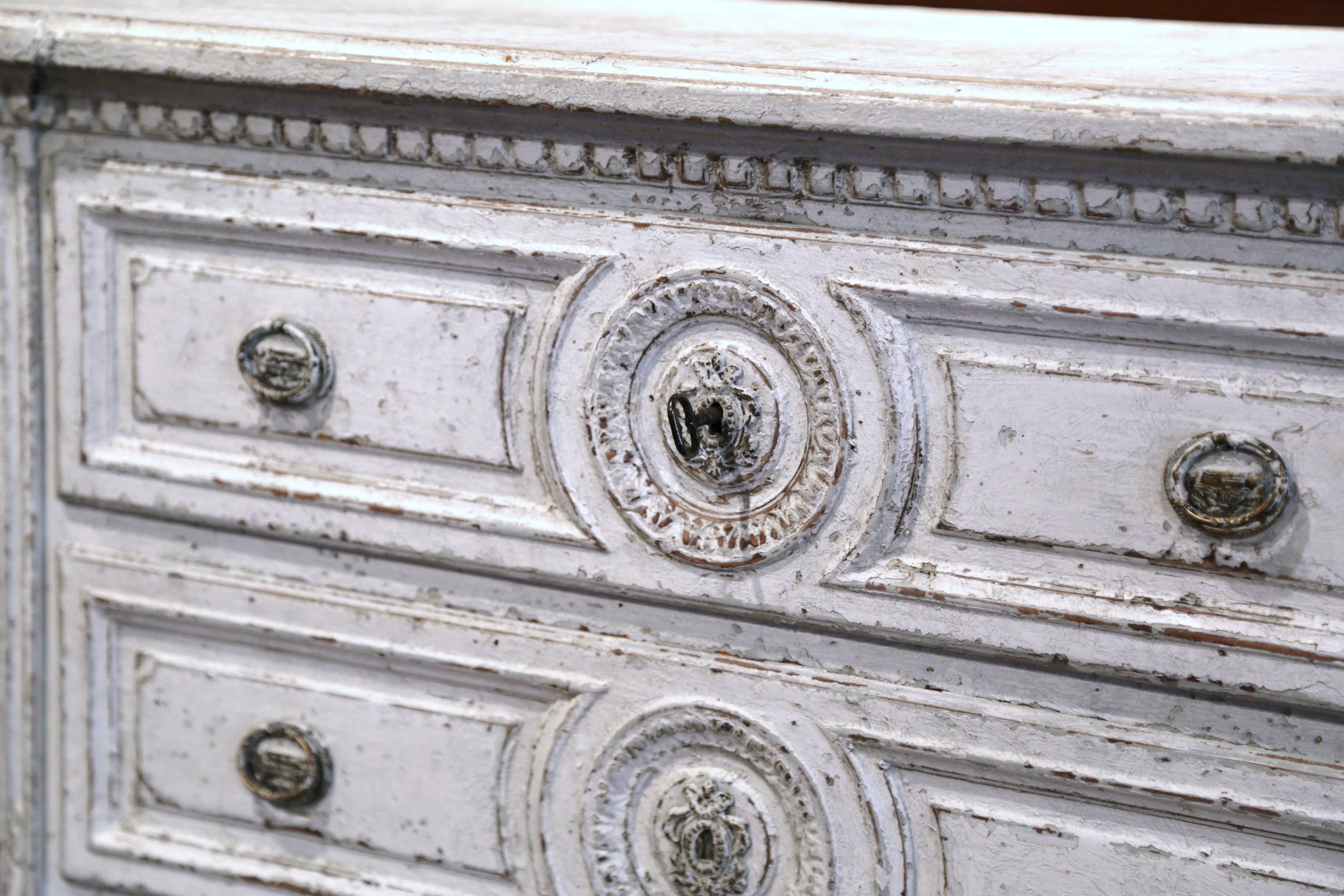 Pair of 19th Century Louis XVI Carved and Painted Three-Drawer Commodes Chests 2