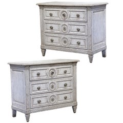 Pair of 19th Century Louis XVI Carved and Painted Three-Drawer Commodes Chests