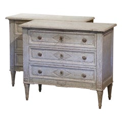 Pair of 19th Century Louis XVI Carved and Painted Three-Drawer Commodes Chests