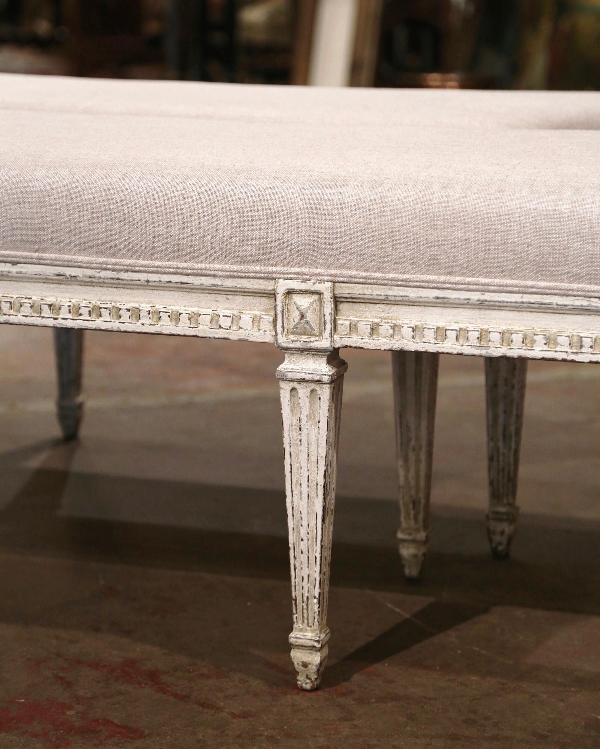 Hand-Carved Pair of 19th Century Louis XVI Carved Painted Benches with Concave Corners