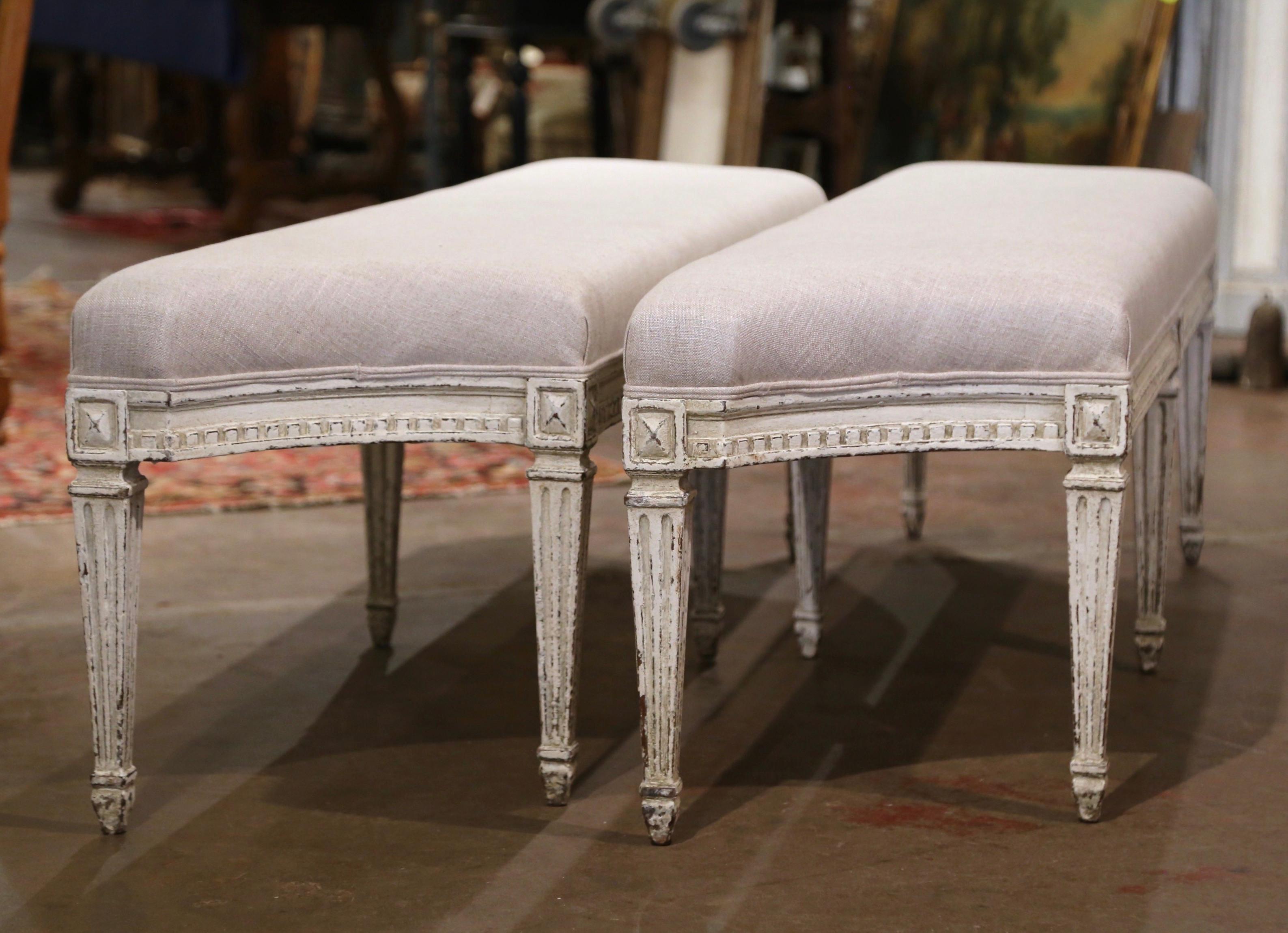 Pair of 19th Century Louis XVI Carved Painted Benches with Concave Corners 2