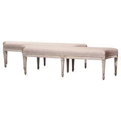 Pair of 19th Century Louis XVI Carved Painted Benches with Concave Corners
