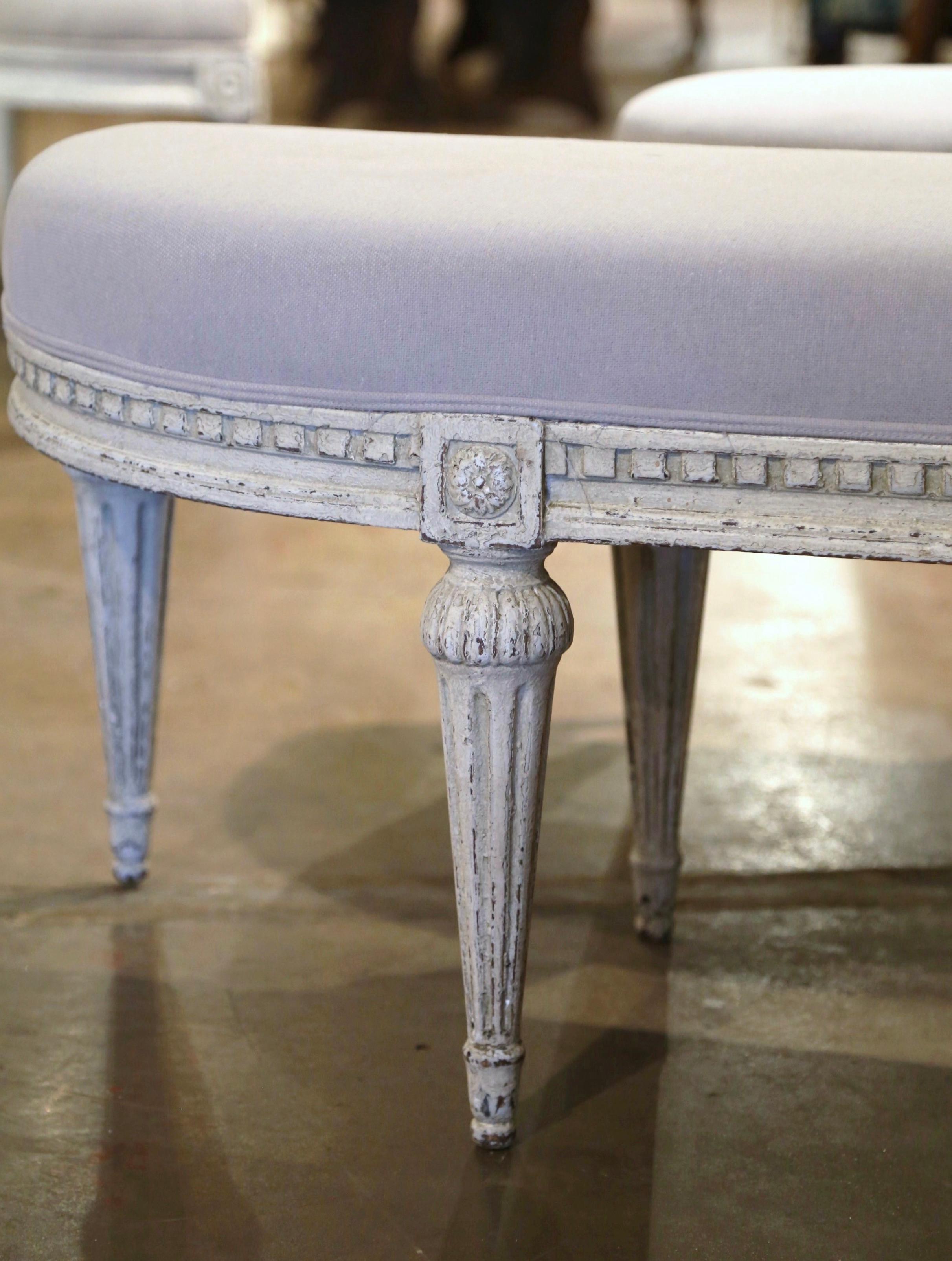 French Pair of 19th Century Louis XVI Carved Painted Benches with Rounded Corners