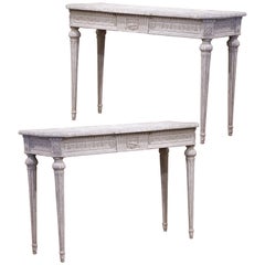 Pair of 19th Century Louis XVI Carved Painted Consoles with Faux Marble Top