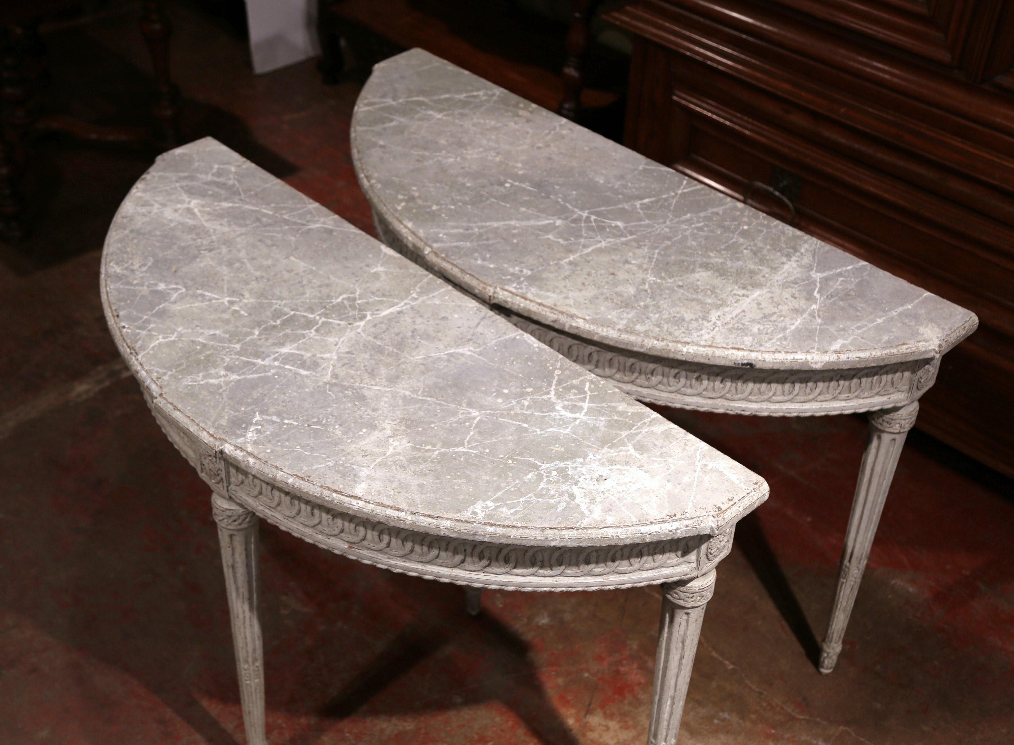 Pair of 19th Century French Louis XVI Carved Painted Demilune Console Tables In Excellent Condition In Dallas, TX