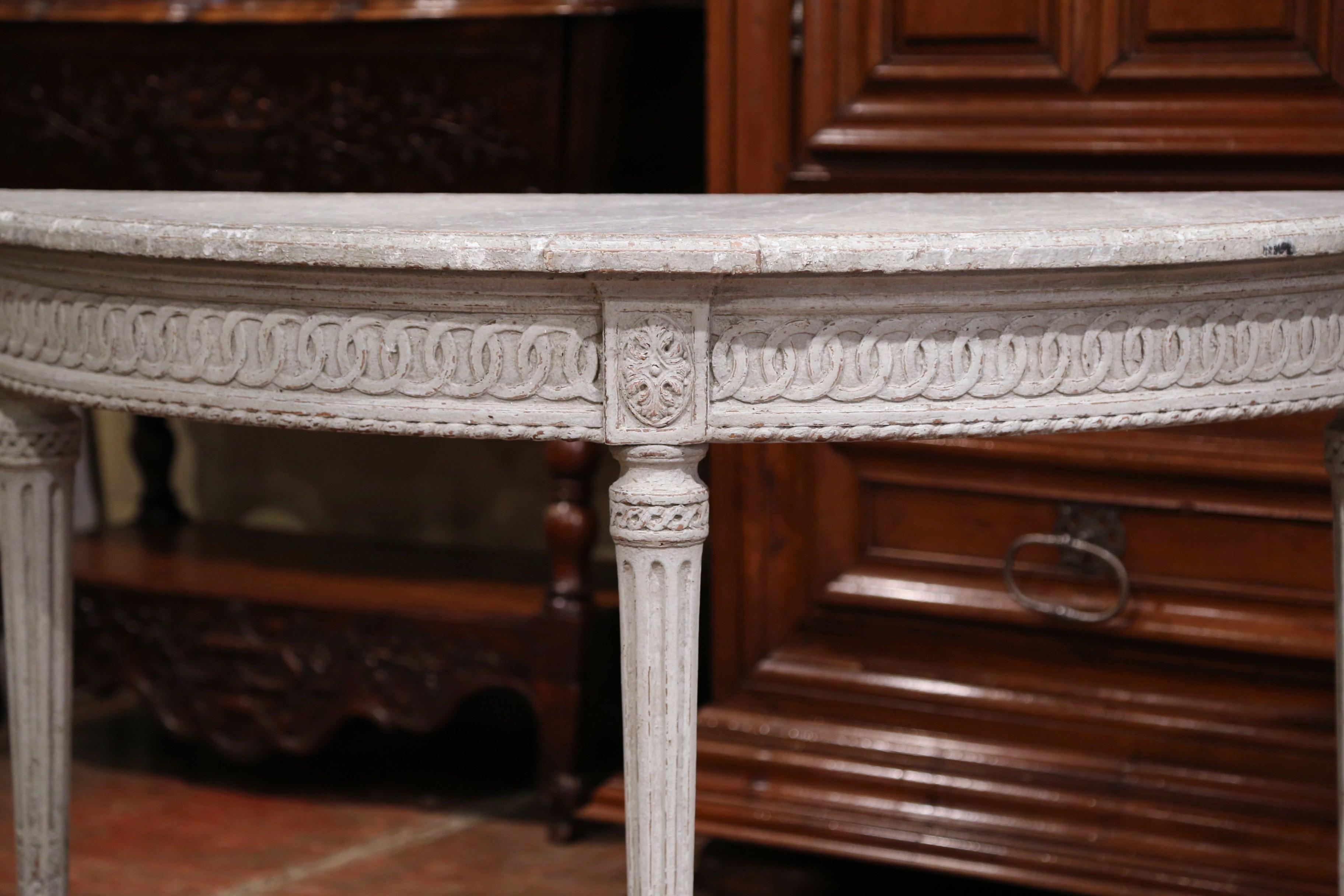 Oak Pair of 19th Century French Louis XVI Carved Painted Demilune Console Tables