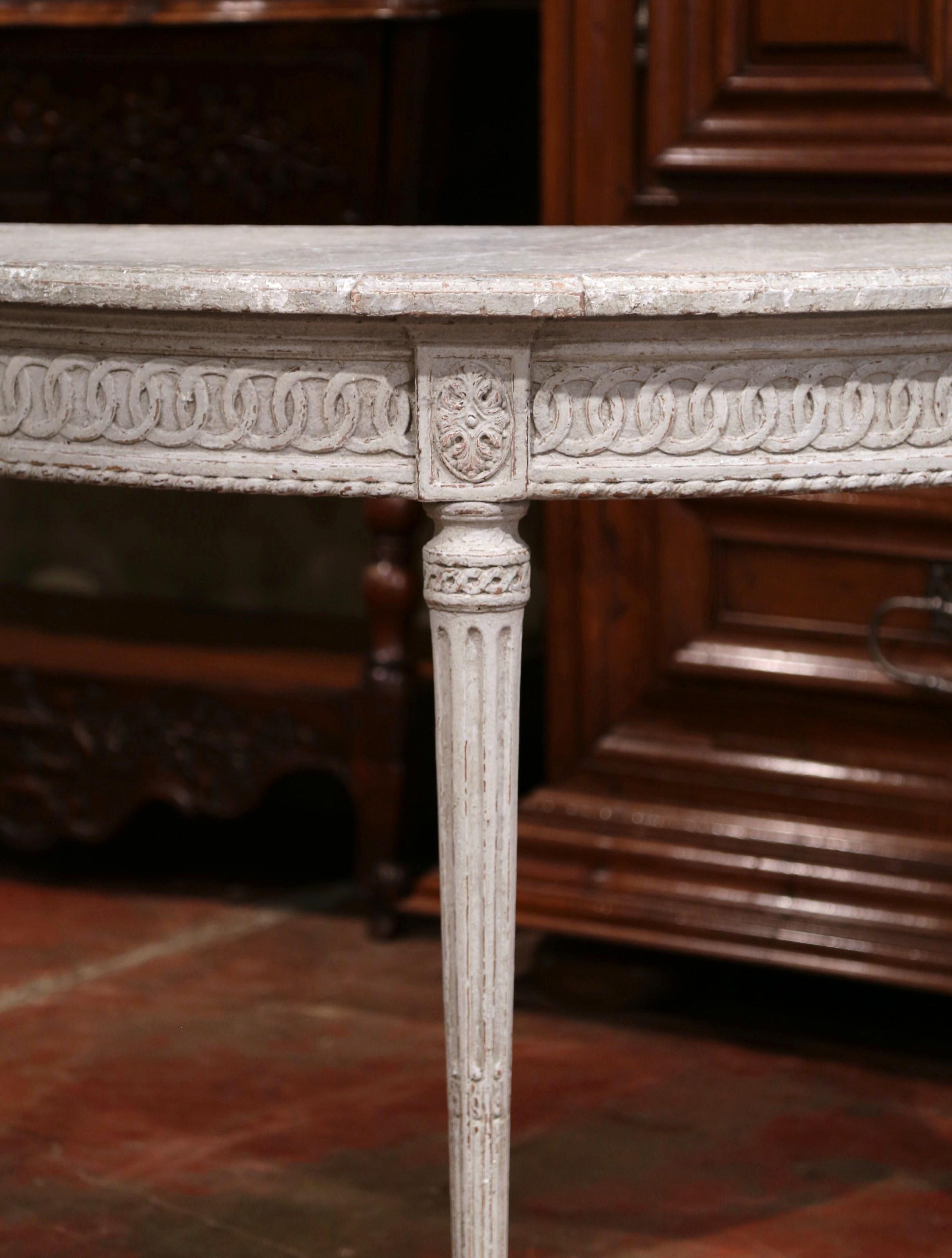 Pair of 19th Century French Louis XVI Carved Painted Demilune Console Tables 2