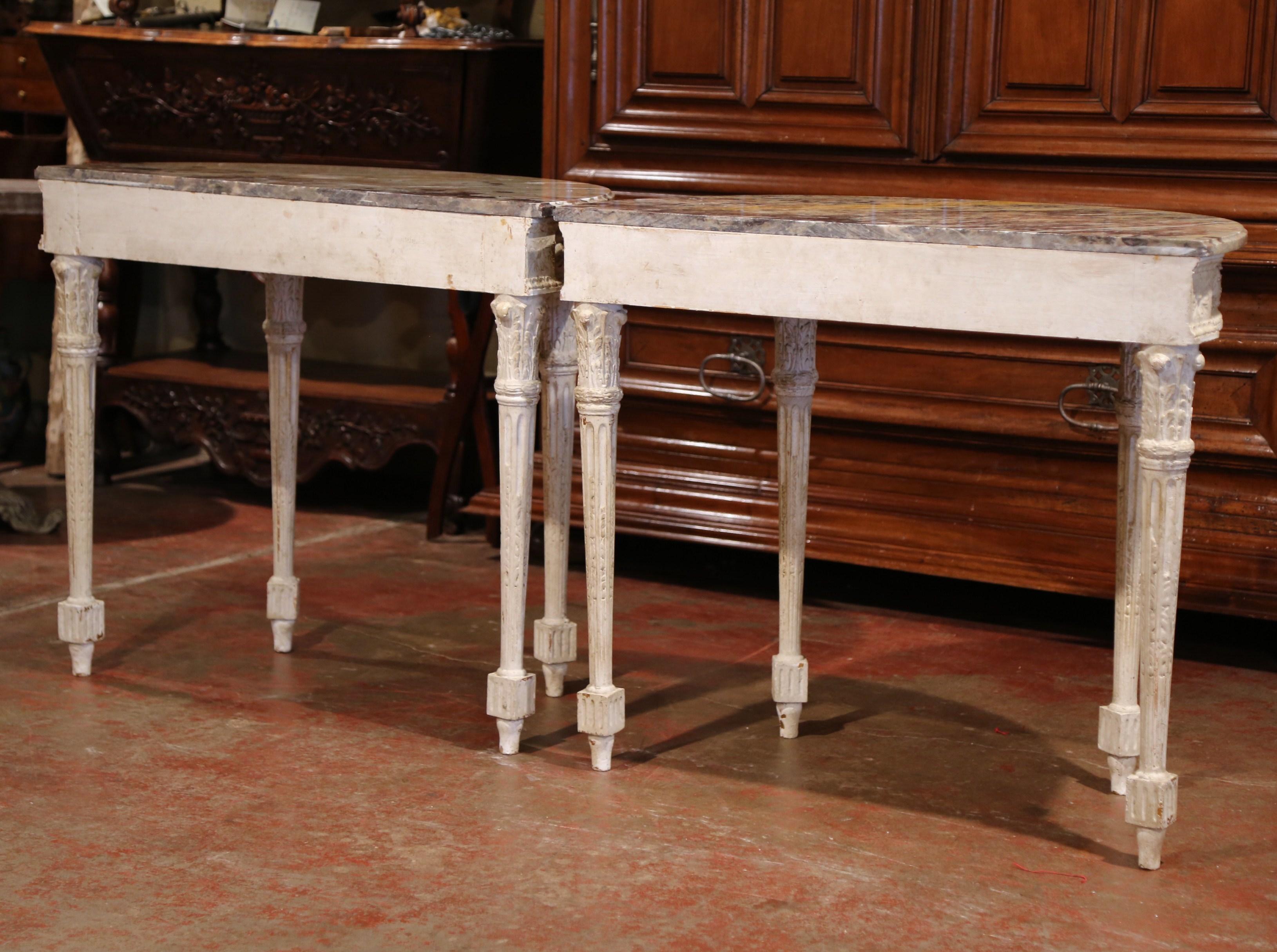 Pair of 19th Century Louis XVI Carved Painted Demilune Consoles with Marble Top 6