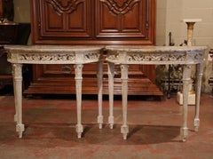 Pair of 19th Century Louis XVI Carved Painted Demilune Consoles with Marble Top