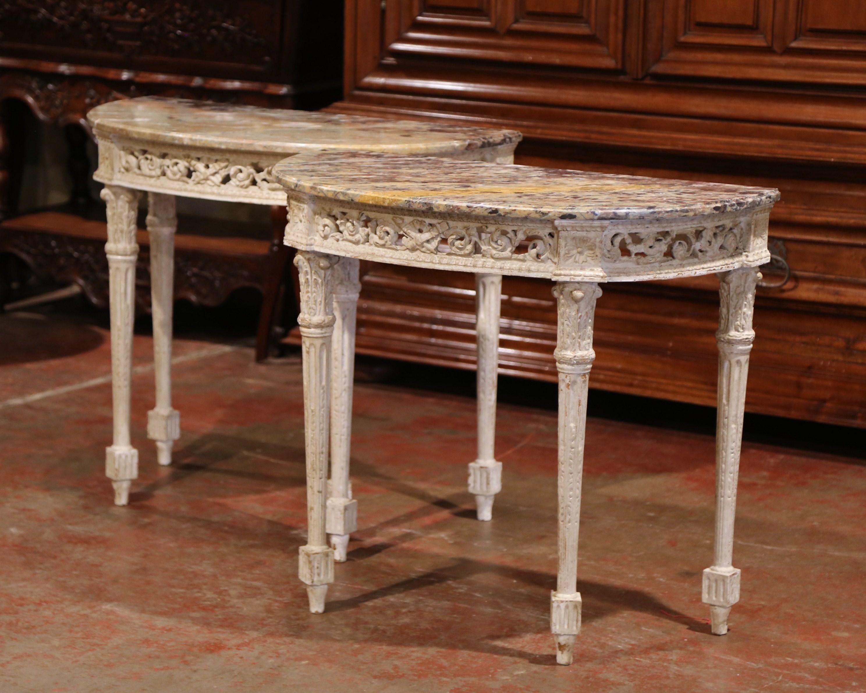 French Pair of 19th Century Louis XVI Carved Painted Demilune Consoles with Marble Top