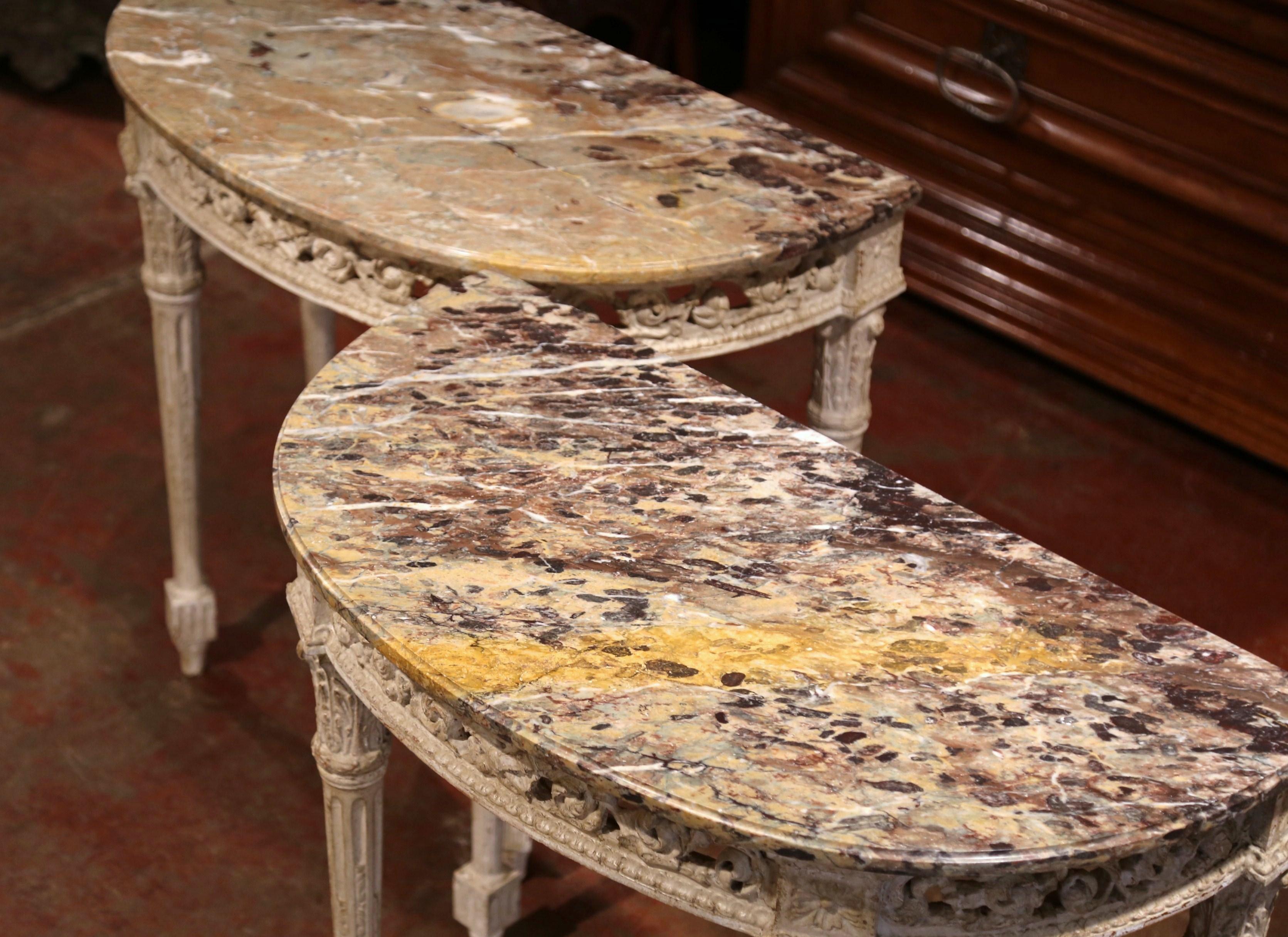 Hand-Carved Pair of 19th Century Louis XVI Carved Painted Demilune Consoles with Marble Top