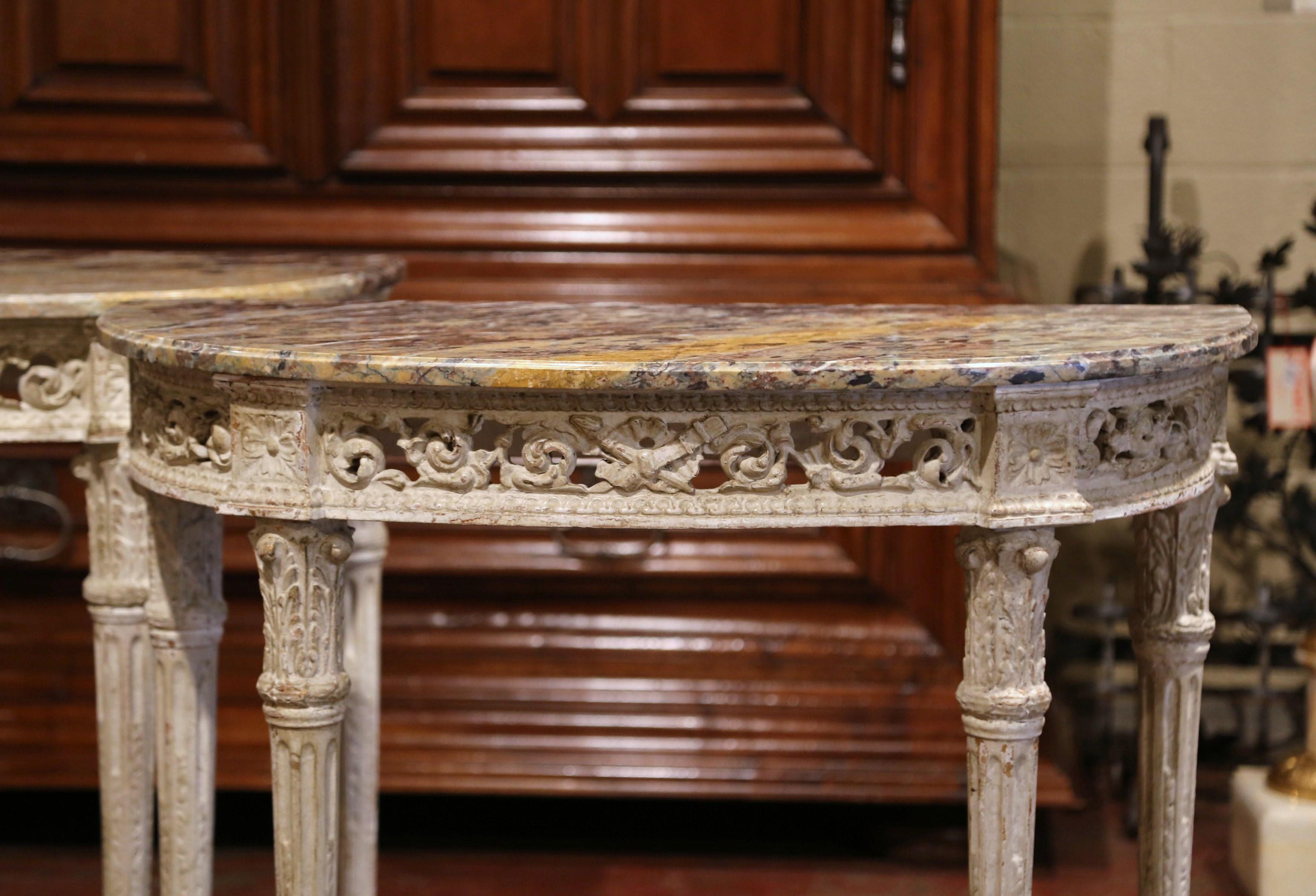 Pair of 19th Century Louis XVI Carved Painted Demilune Consoles with Marble Top In Excellent Condition In Dallas, TX