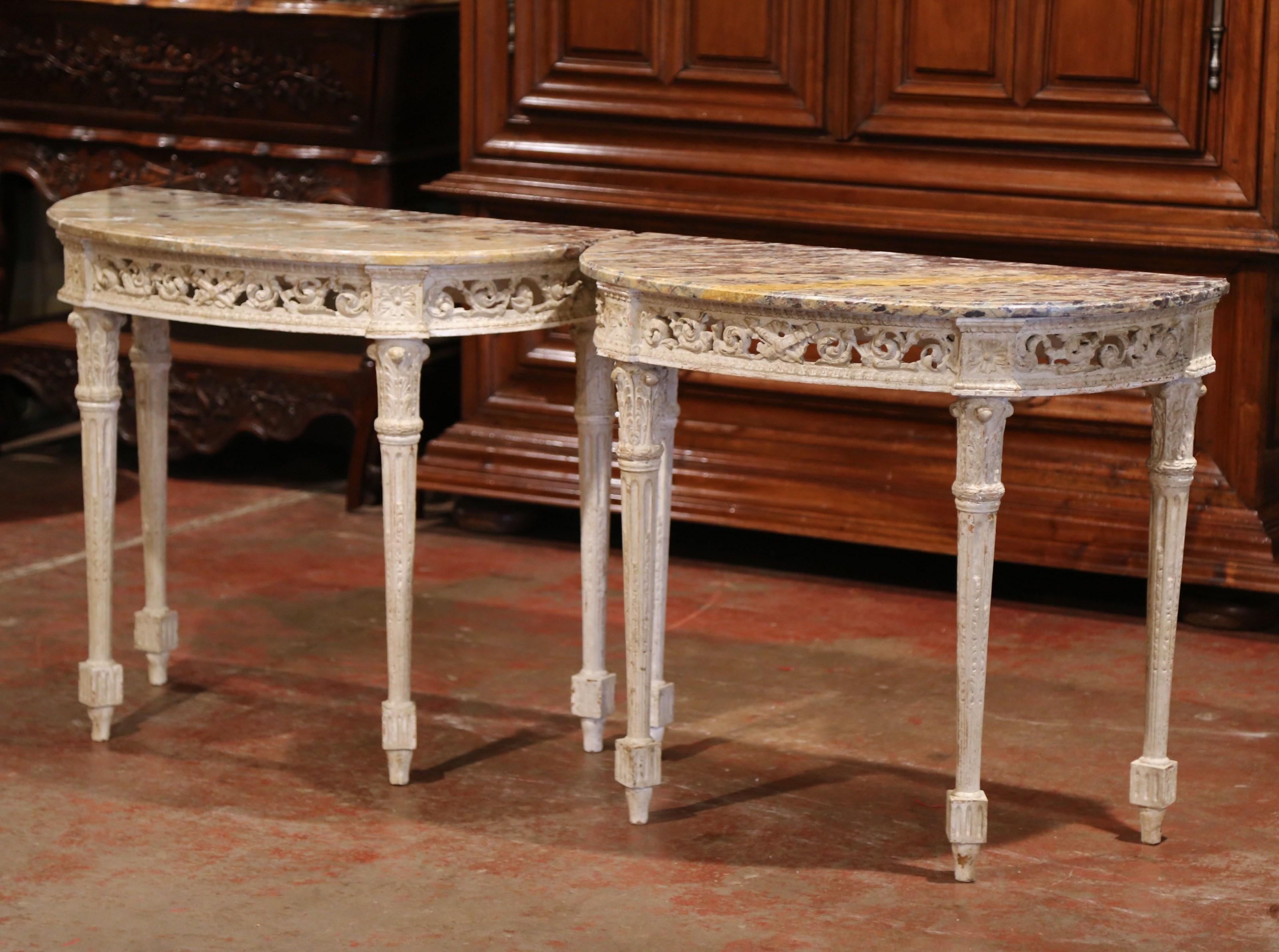 Pair of 19th Century Louis XVI Carved Painted Demilune Consoles with Marble Top 1