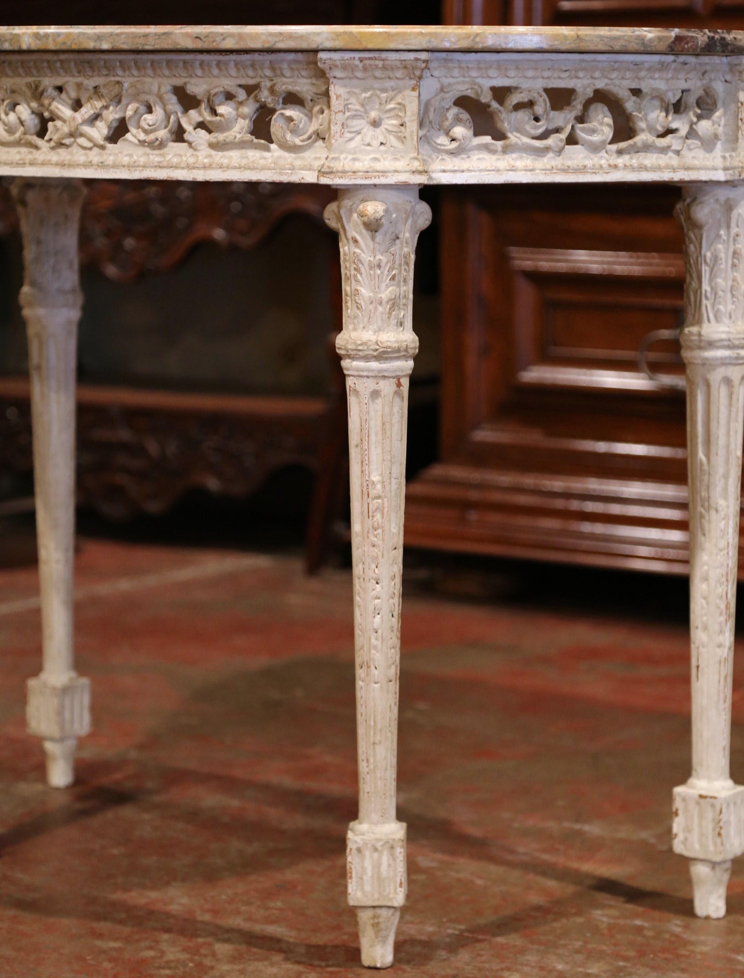Pair of 19th Century Louis XVI Carved Painted Demilune Consoles with Marble Top 2
