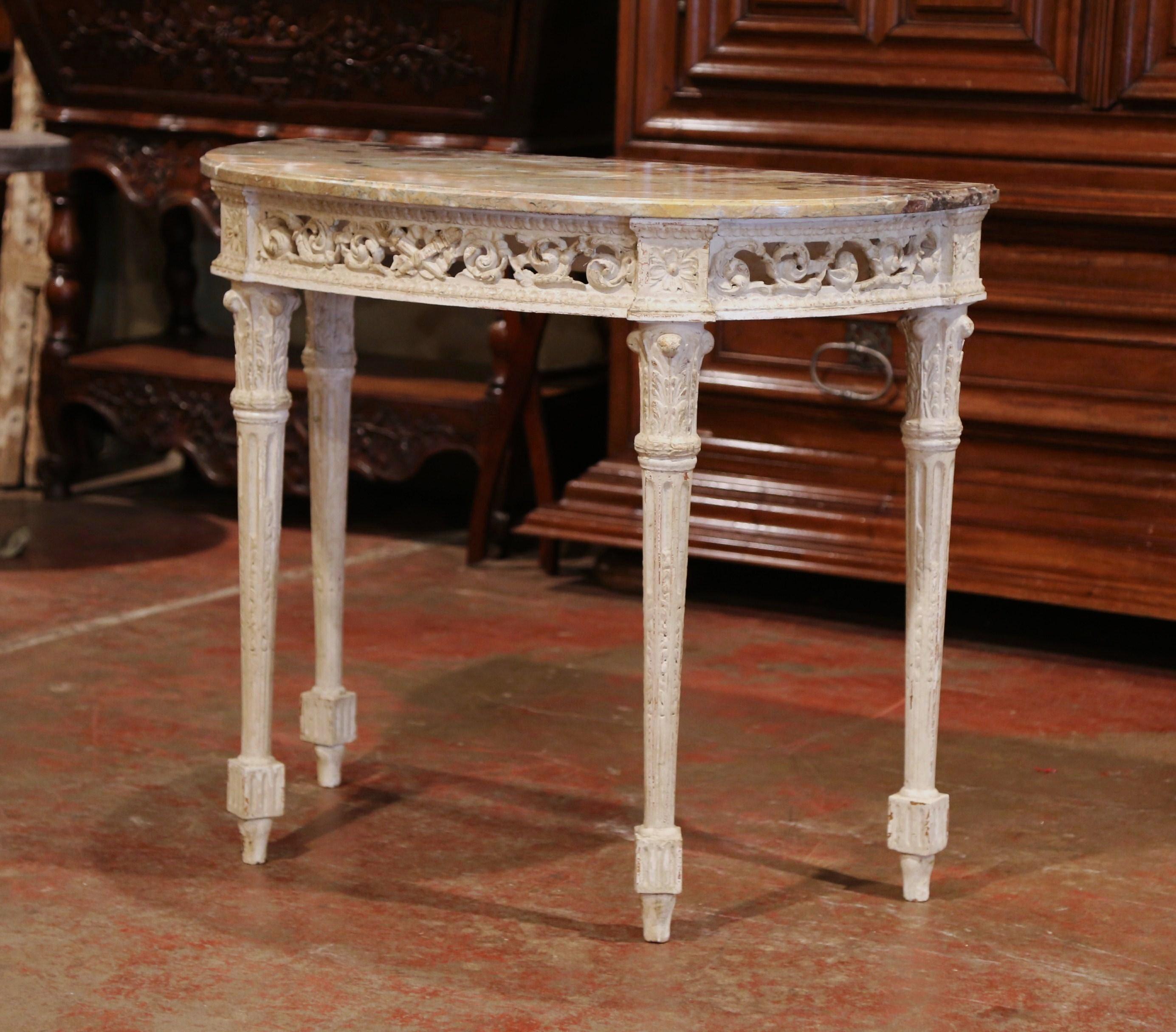 Pair of 19th Century Louis XVI Carved Painted Demilune Consoles with Marble Top 4