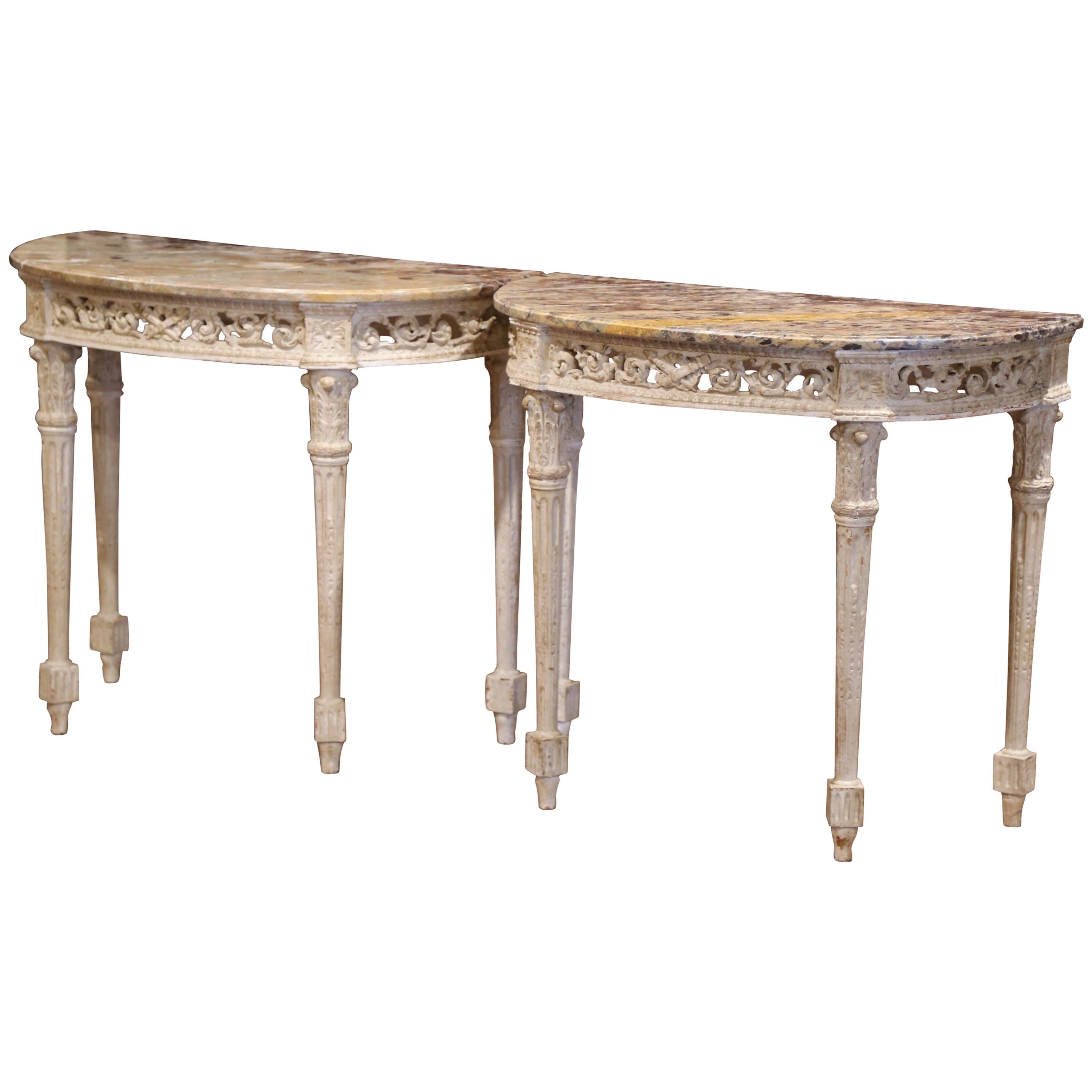 Pair of 19th Century Louis XVI Carved Painted Demilune Consoles with Marble Top