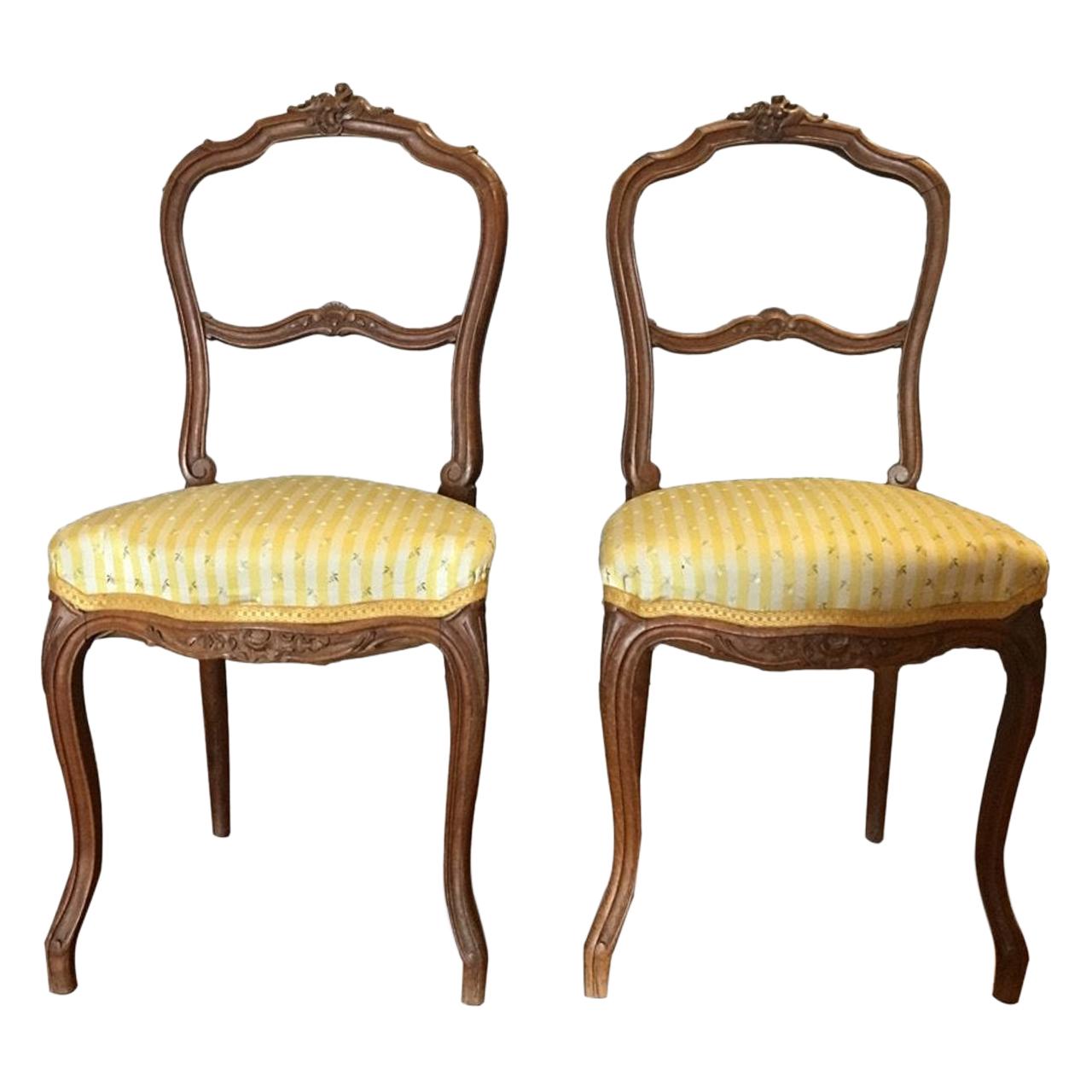 Pair of 19th Century Louis XVI French Side Chairs, Carved Oak Wood, circa 1840