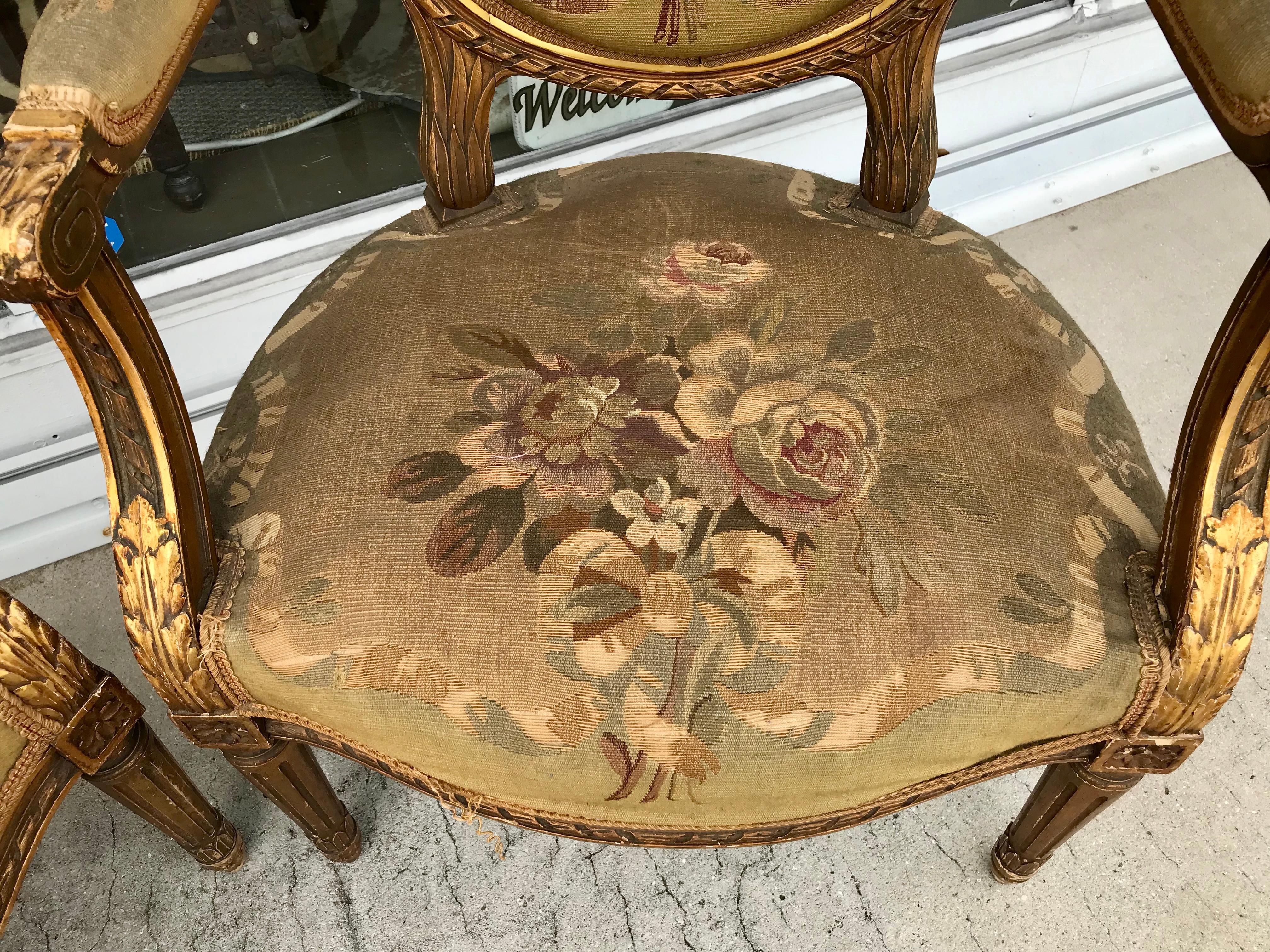 Pair of 19th Century Louis XVI Gilded Arm Chairs 7