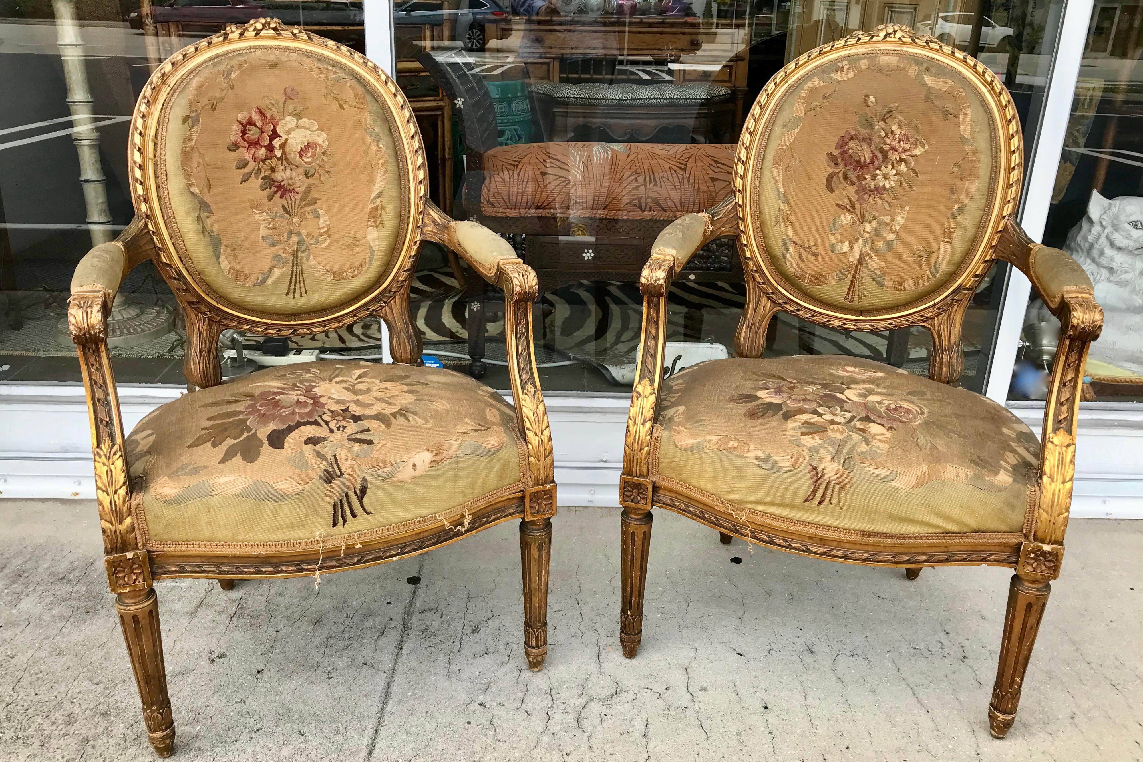 Beautiful quality frames with original old process gilding.
The Aubusson tapestry covers are worn and back upholstery
 is torn Accordingly, they with need to be recovered.
A stylish and authentic pair.