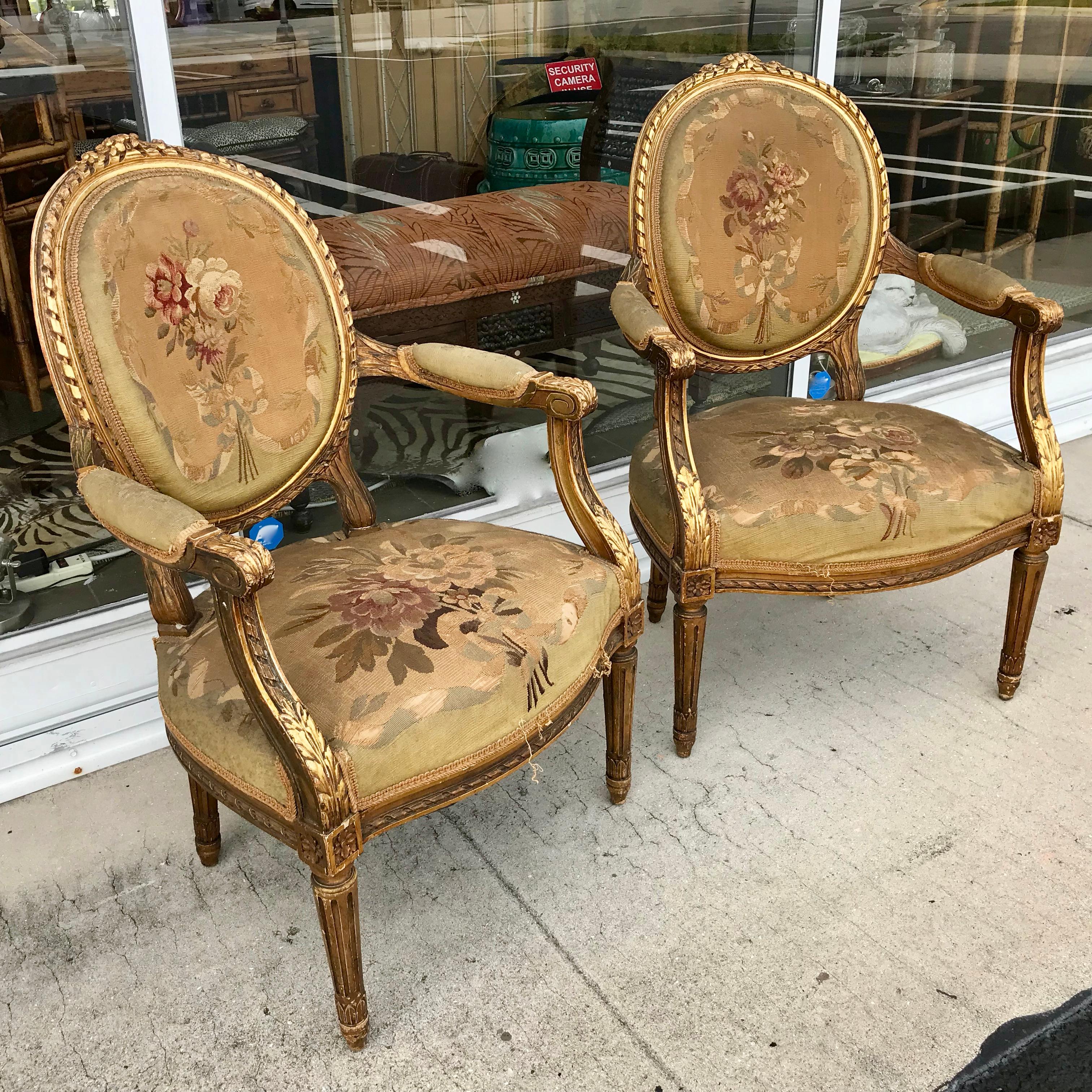 French Pair of 19th Century Louis XVI Gilded Arm Chairs