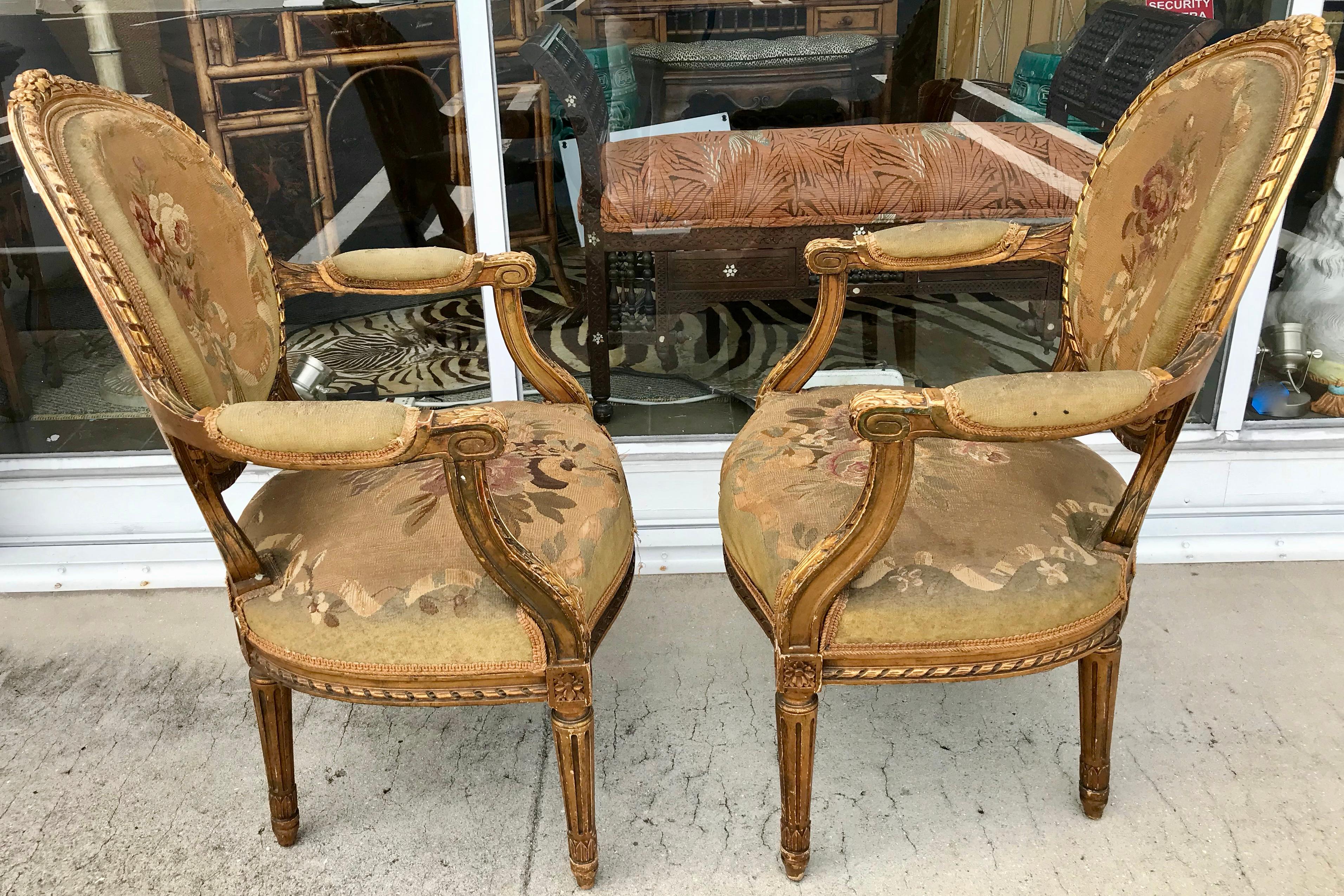 Gilt Pair of 19th Century Louis XVI Gilded Arm Chairs