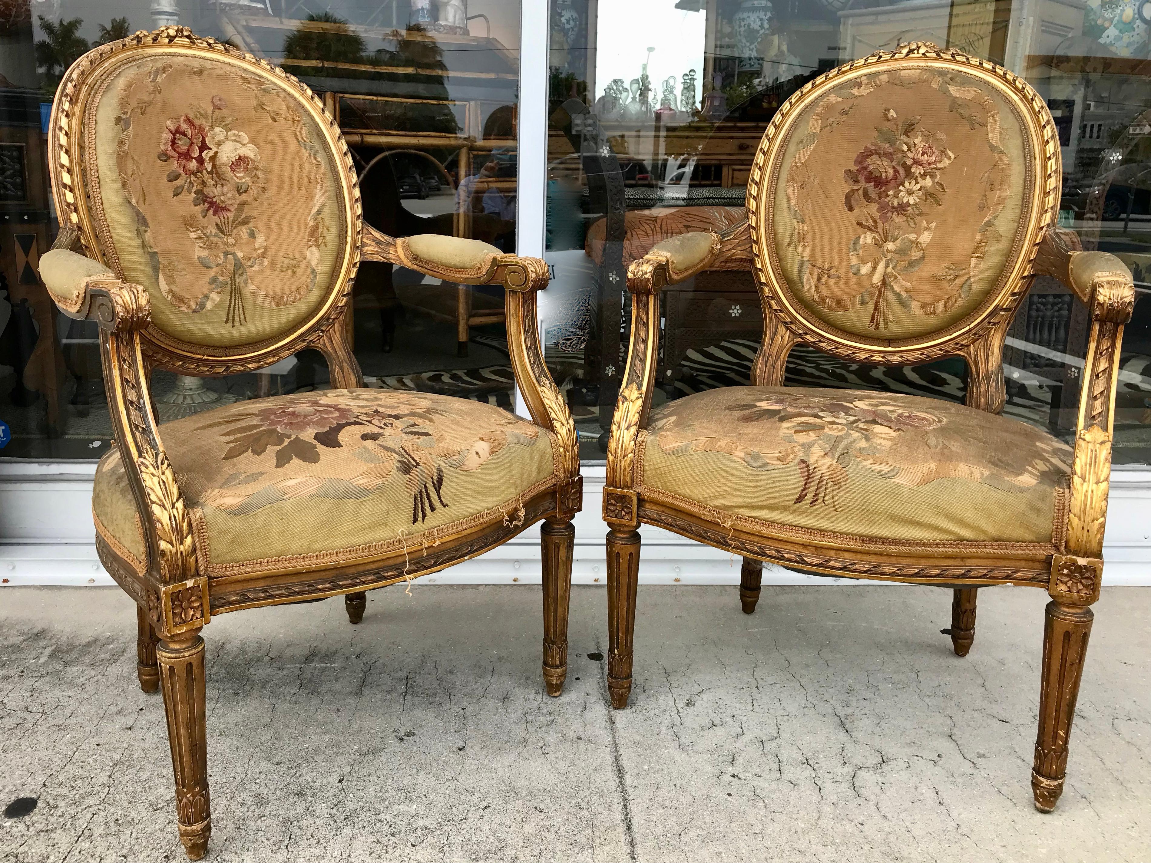 Pair of 19th Century Louis XVI Gilded Arm Chairs In Good Condition In West Palm Beach, FL