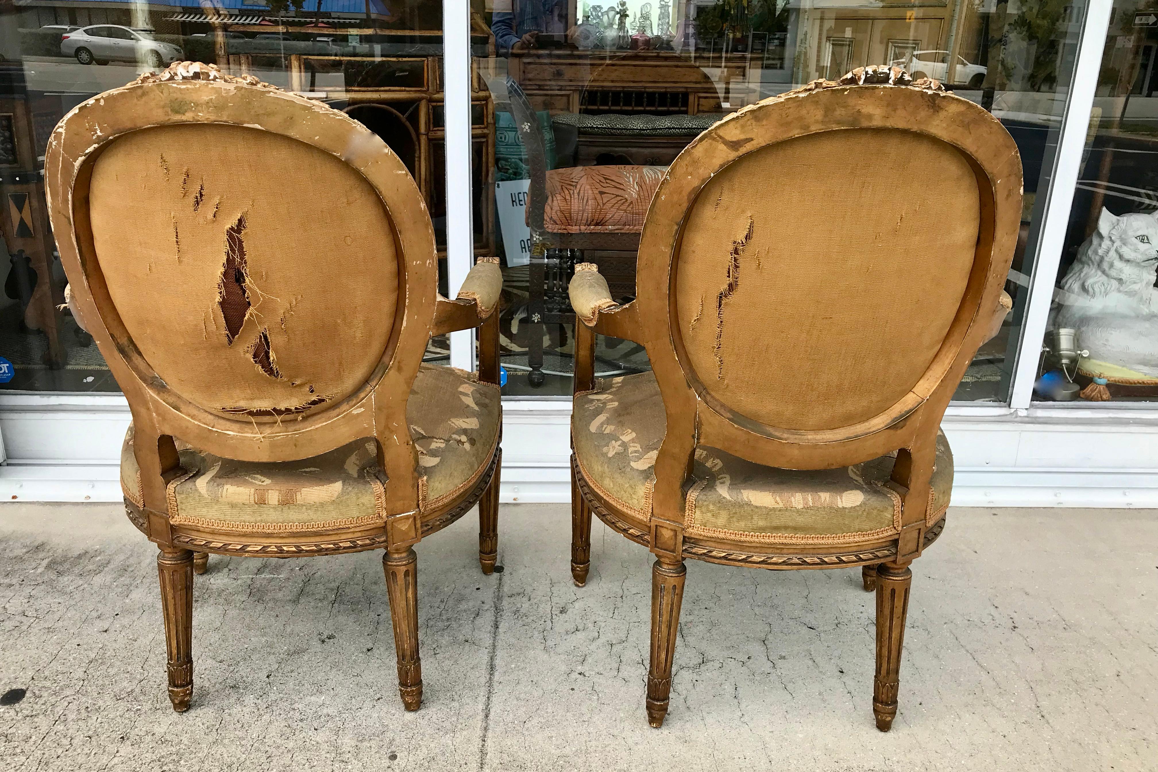 Tapestry Pair of 19th Century Louis XVI Gilded Arm Chairs