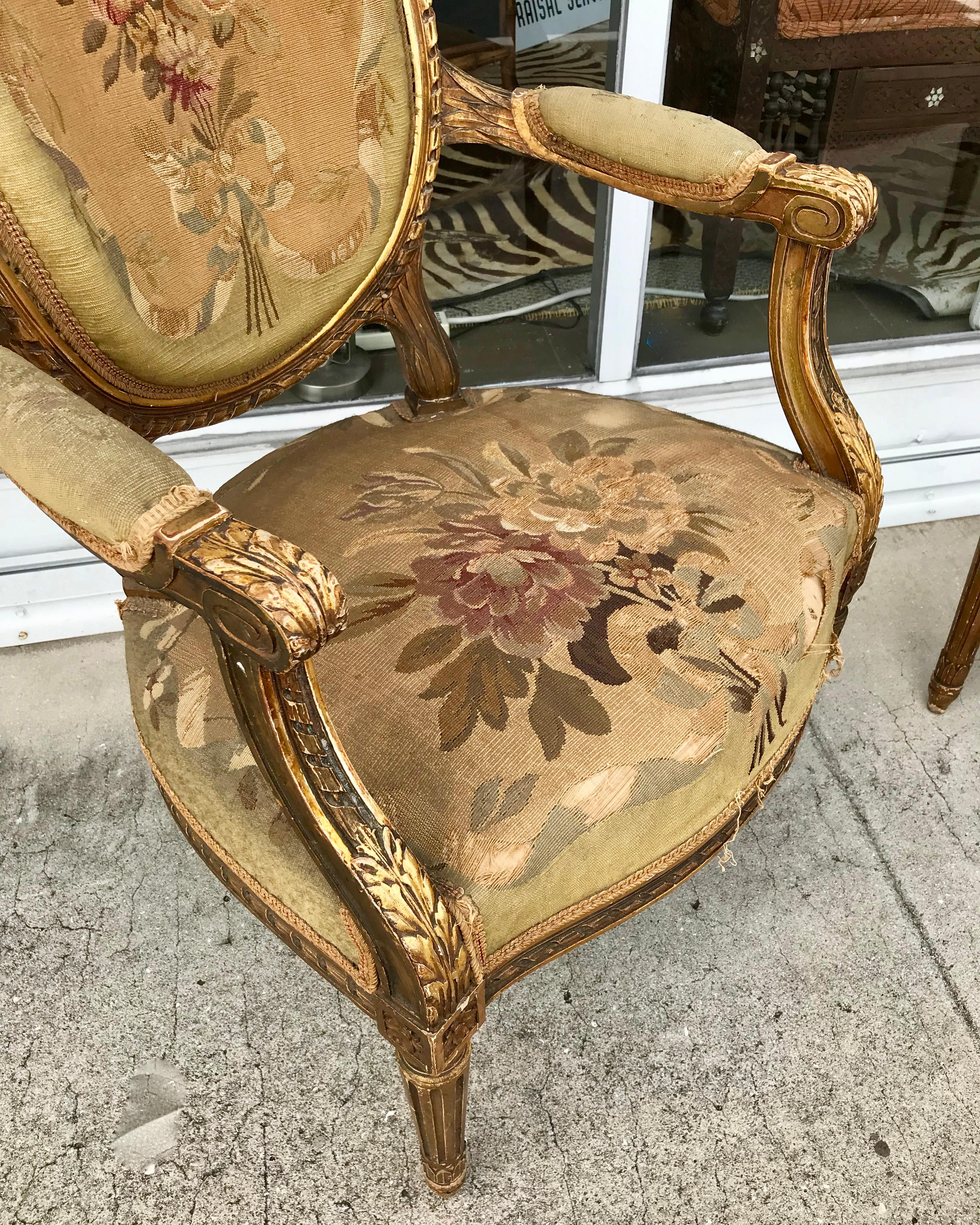 Pair of 19th Century Louis XVI Gilded Arm Chairs 2