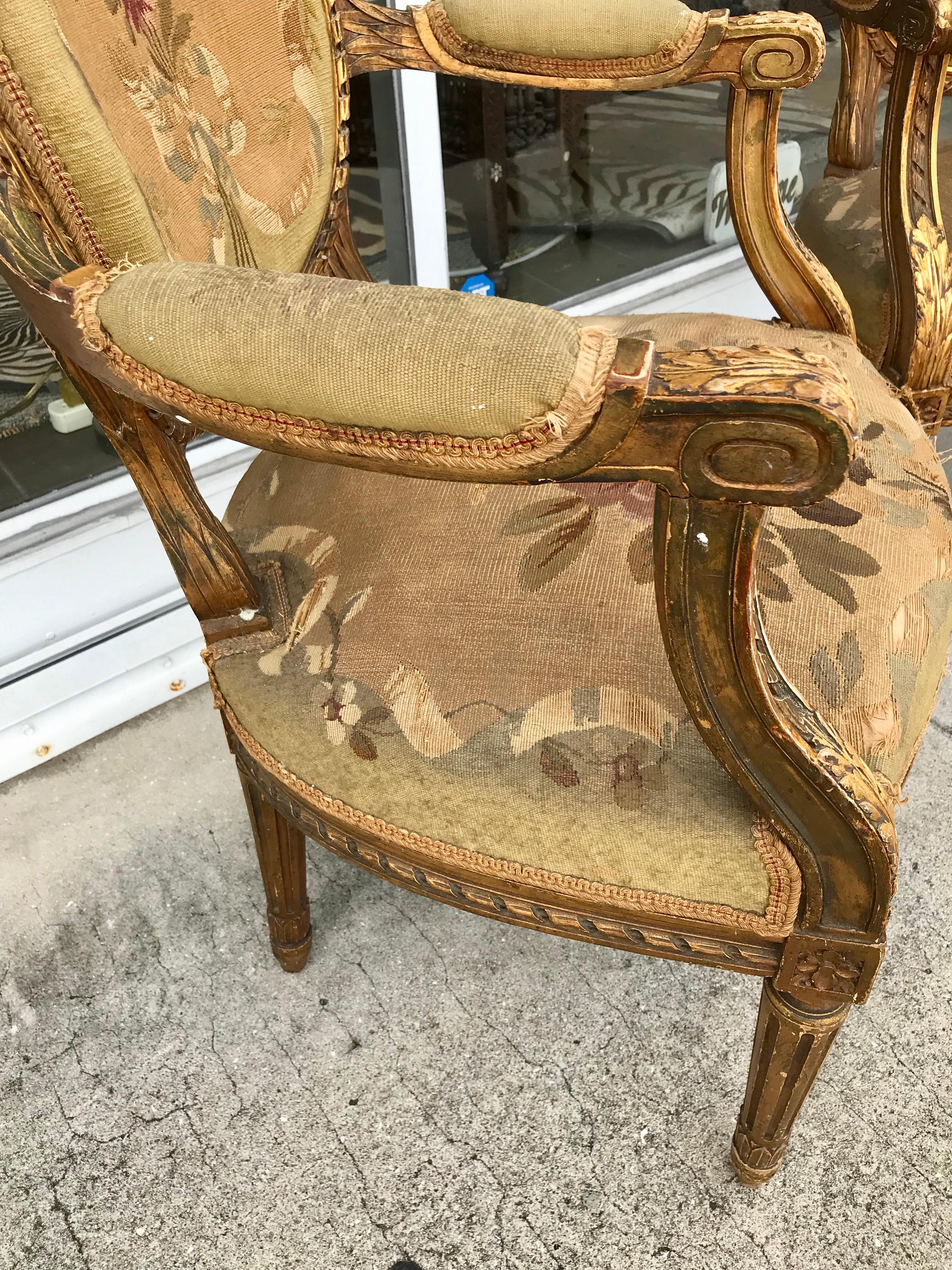 Pair of 19th Century Louis XVI Gilded Arm Chairs 3