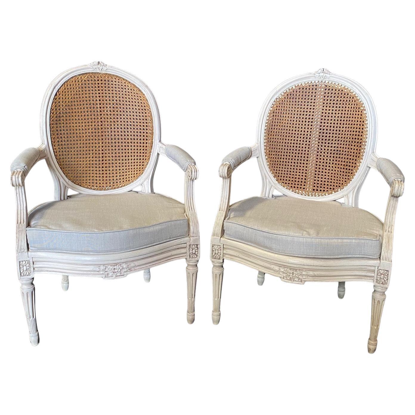 Pair of 19th Century Louis XVI Painted & Caned Armchairs with New Upholstery