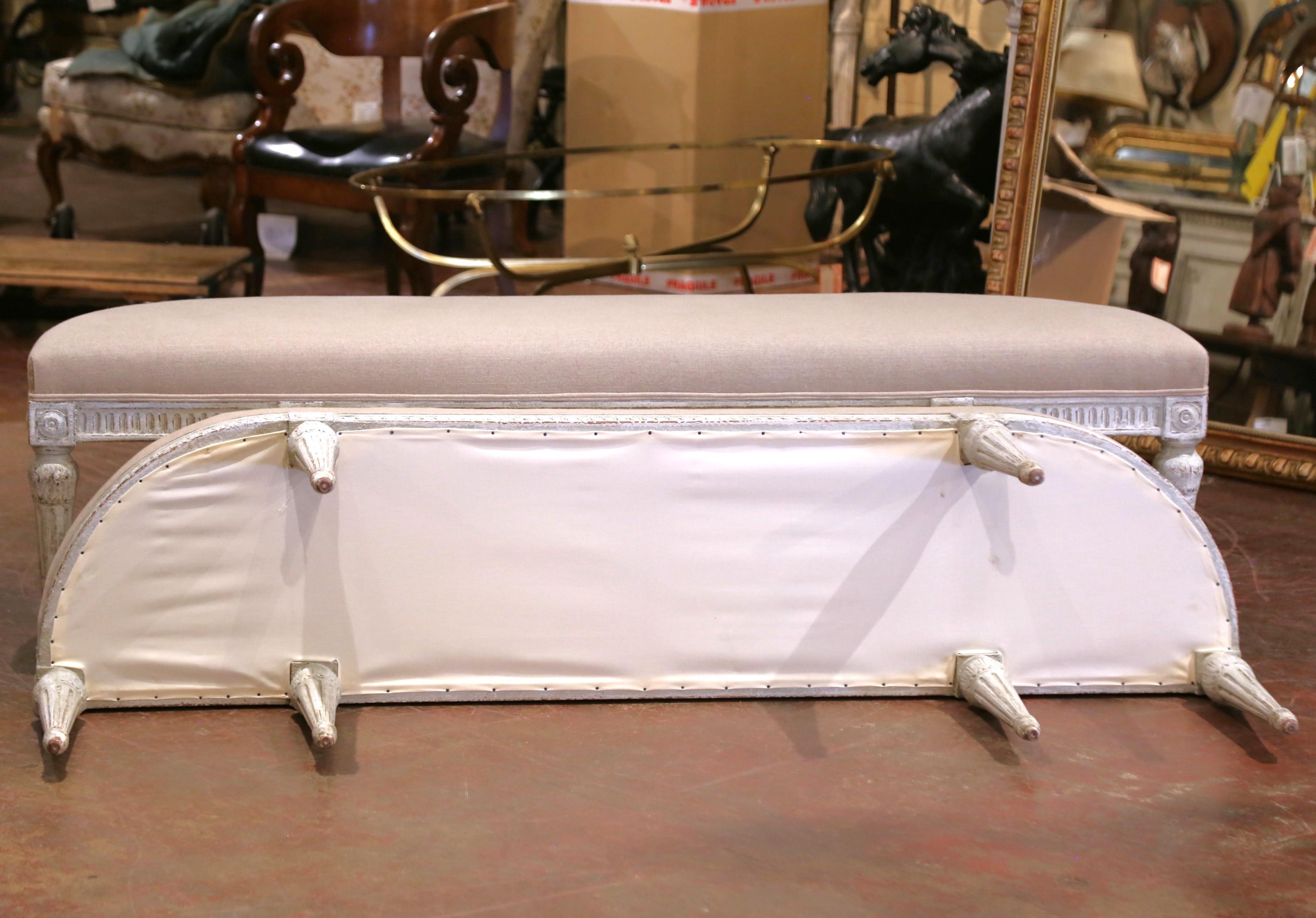 Pair of 19th Century Louis XVI Painted Upholstered Benches with Rounded Corners For Sale 5