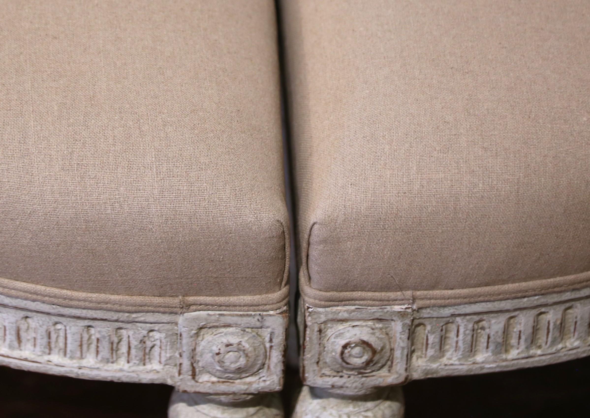 Pair of 19th Century Louis XVI Painted Upholstered Benches with Rounded Corners For Sale 2