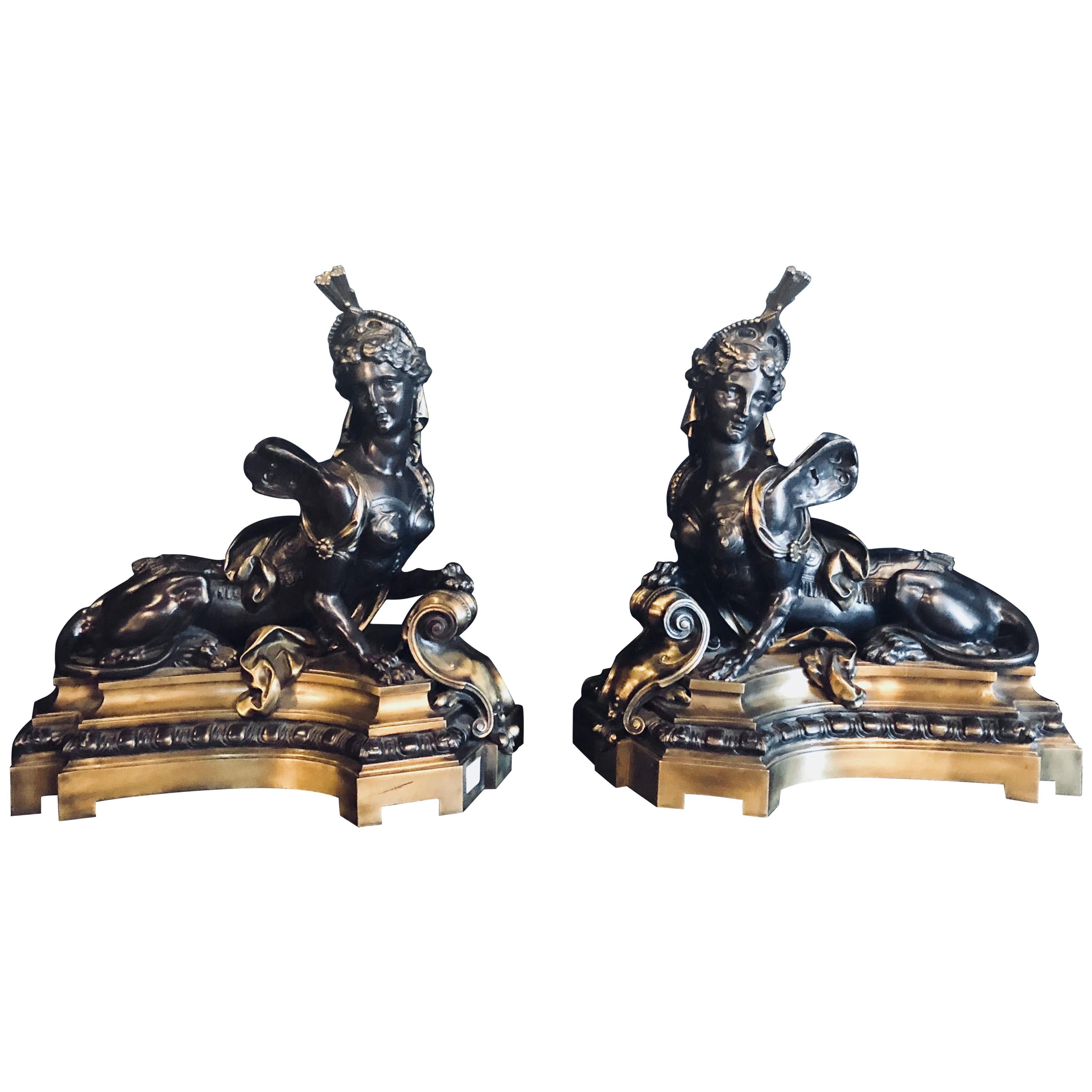 Pair of 19th Century Louis XVI Palatial Figural  Fireplace Chenets / Andirons