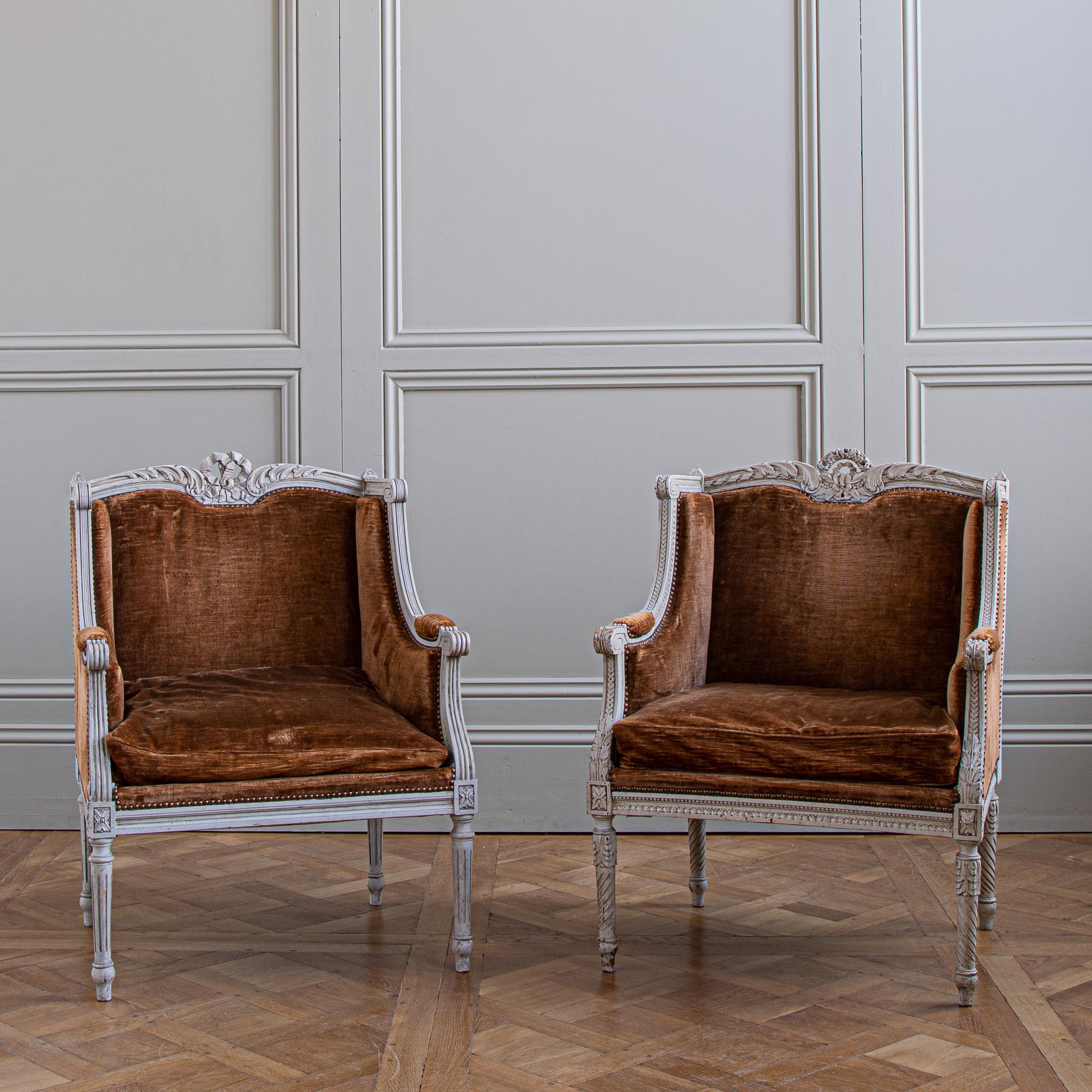 Pair Of French 19th Century Louis XVI Style Bergere à Oreilles Armchairs For Sale 11