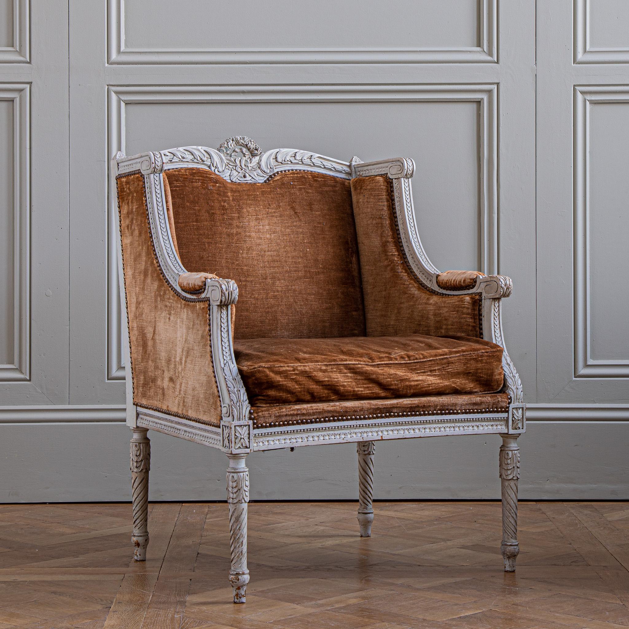 Upholstery Pair Of French 19th Century Louis XVI Style Bergere à Oreilles Armchairs For Sale