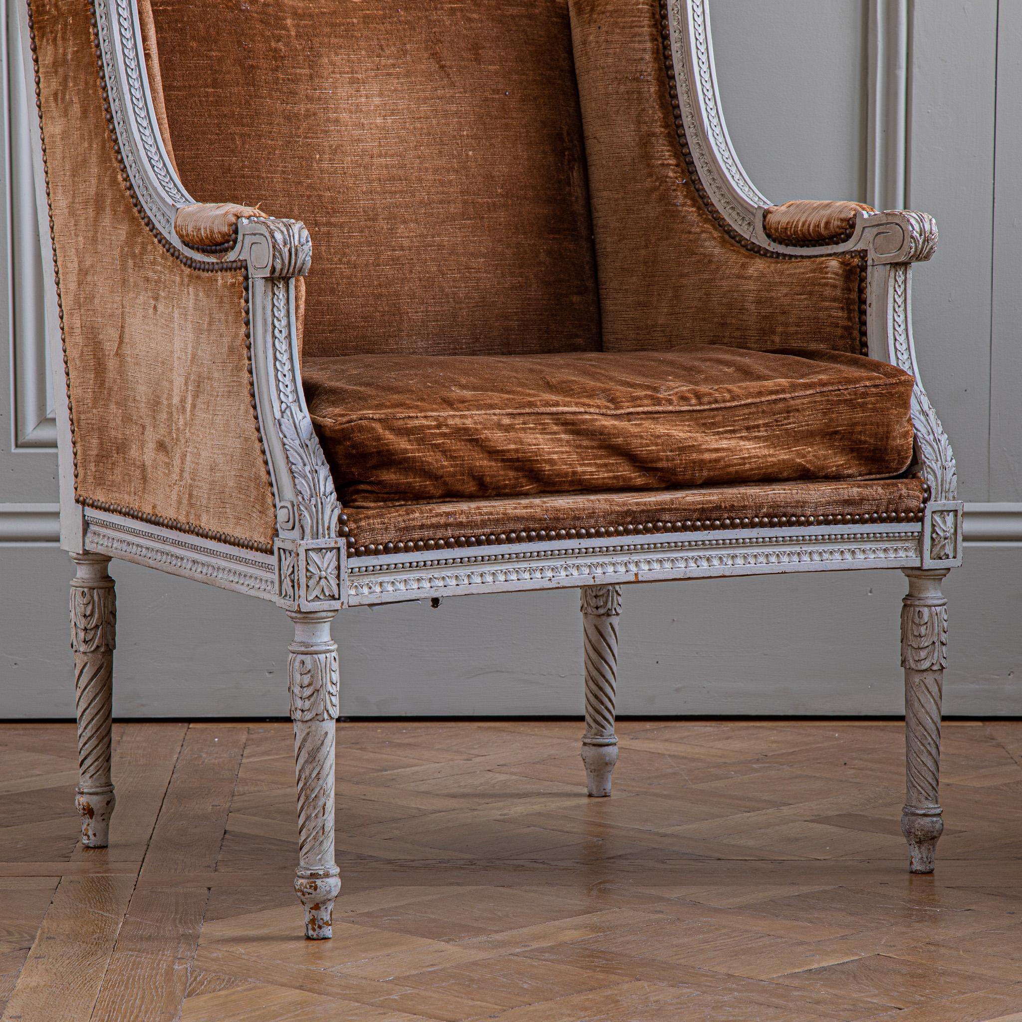 Pair Of French 19th Century Louis XVI Style Bergere à Oreilles Armchairs For Sale 1