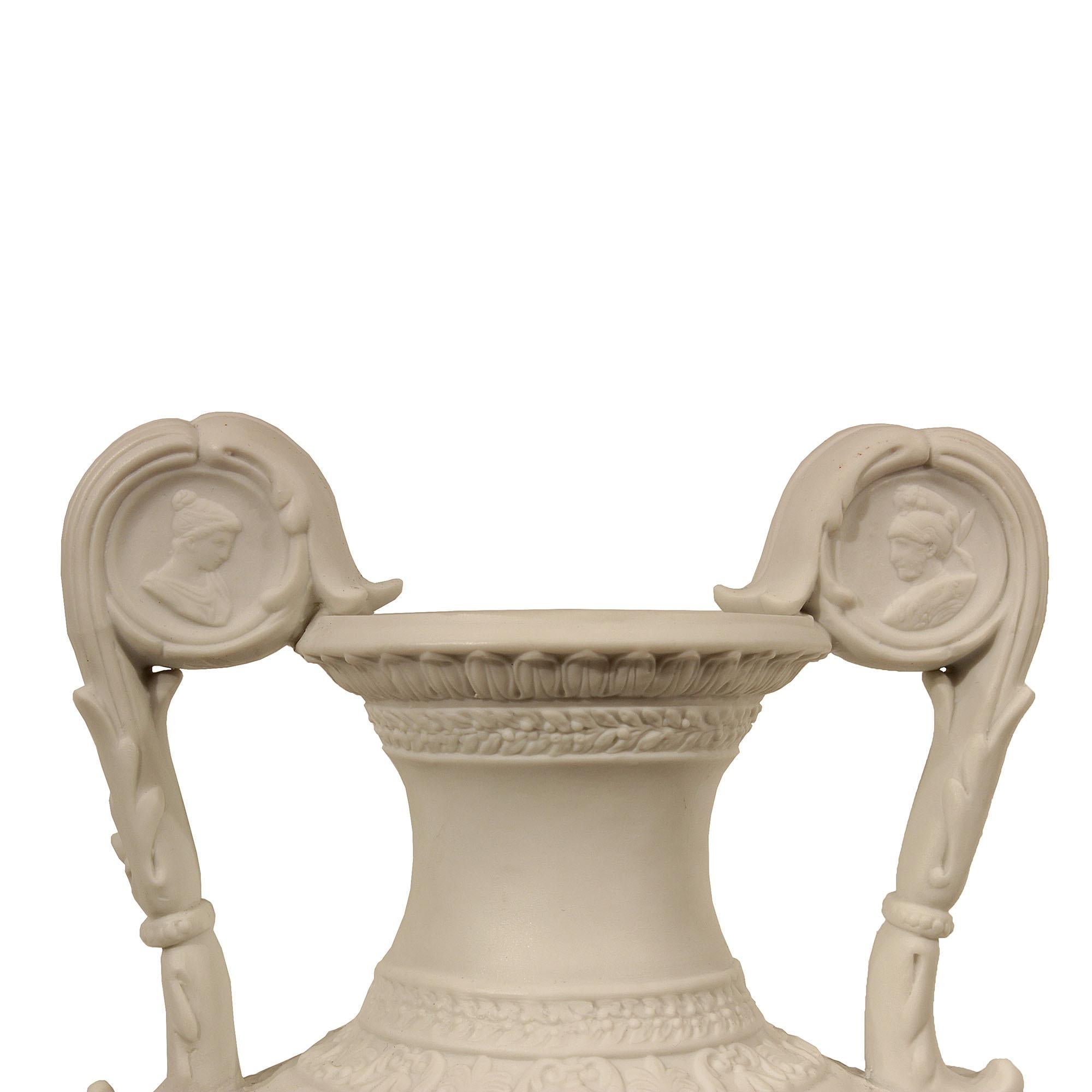 Pair of 19th Century Louis XVI Style Biscuit De Sèvres Porcelain Urns In Good Condition For Sale In West Palm Beach, FL