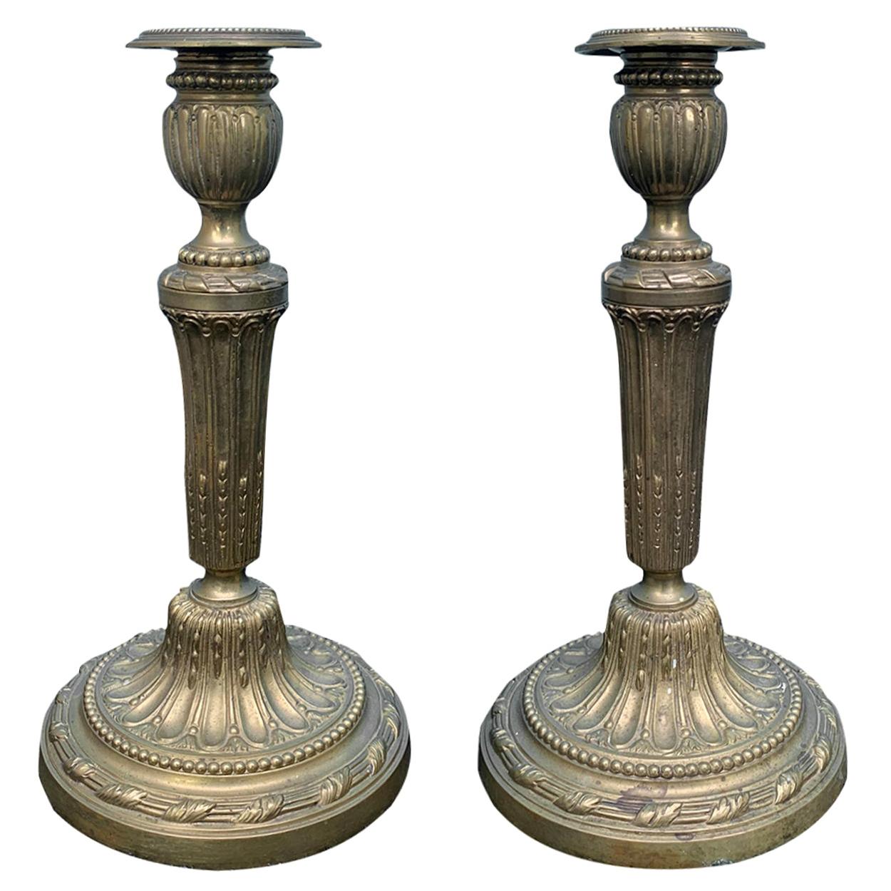 Pair of 19th Century Louis XVI Style Bronze Candlesticks